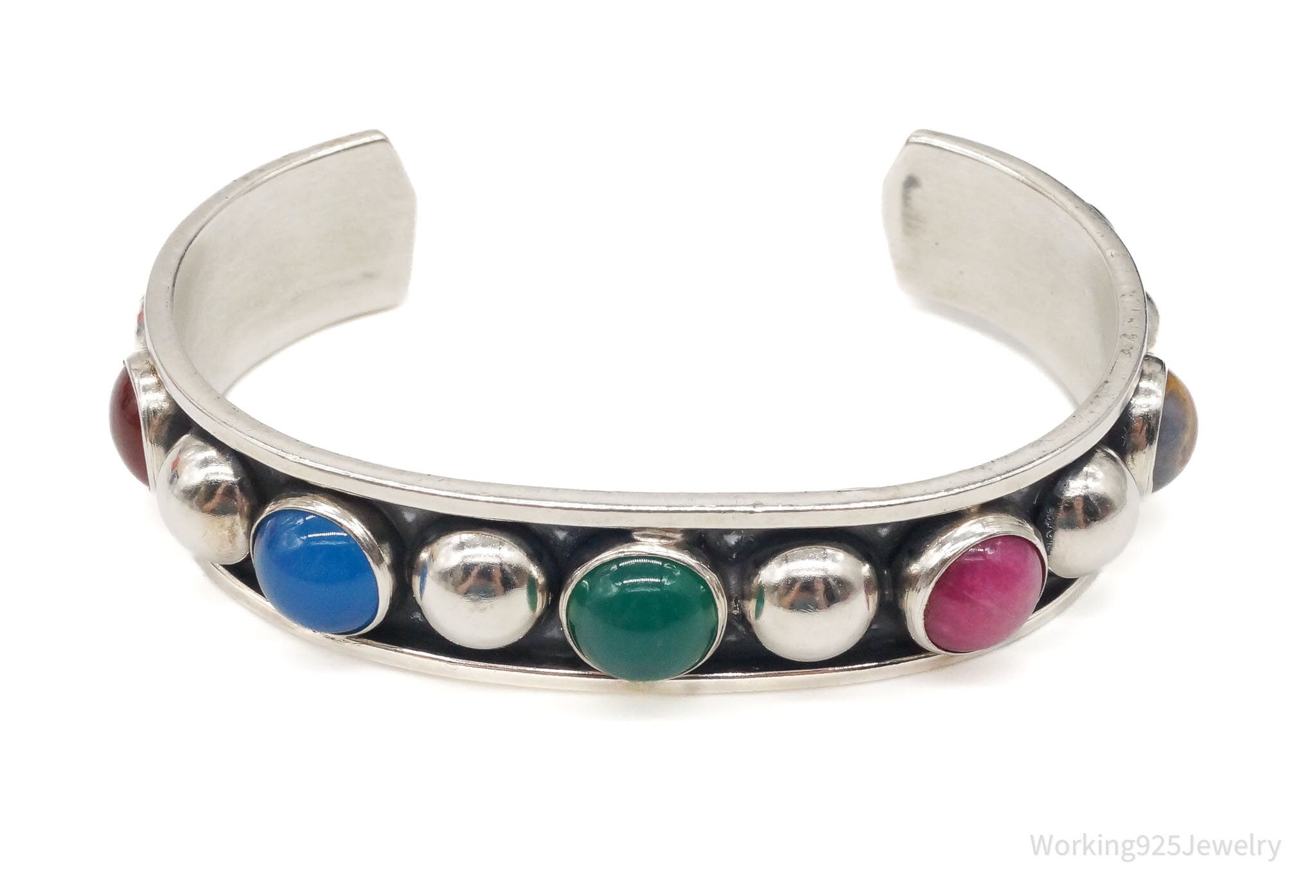 Vintage Mexico Multi Gemstone Sterling Silver Cuff Bracelet