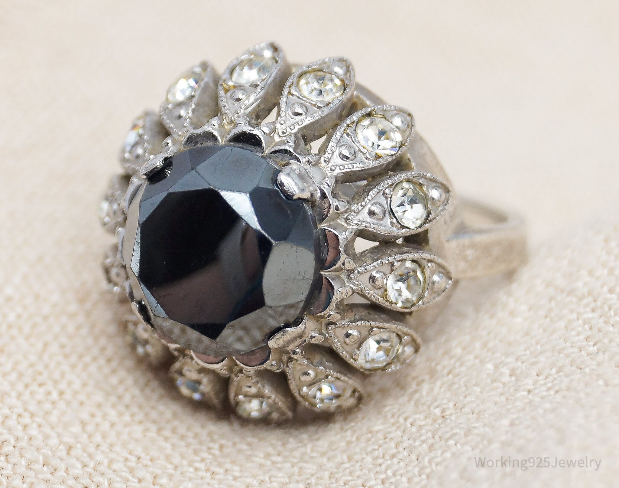 Antique Clark & Coombs Hematite Rhinestone Sterling Silver Ring - Size 5.25