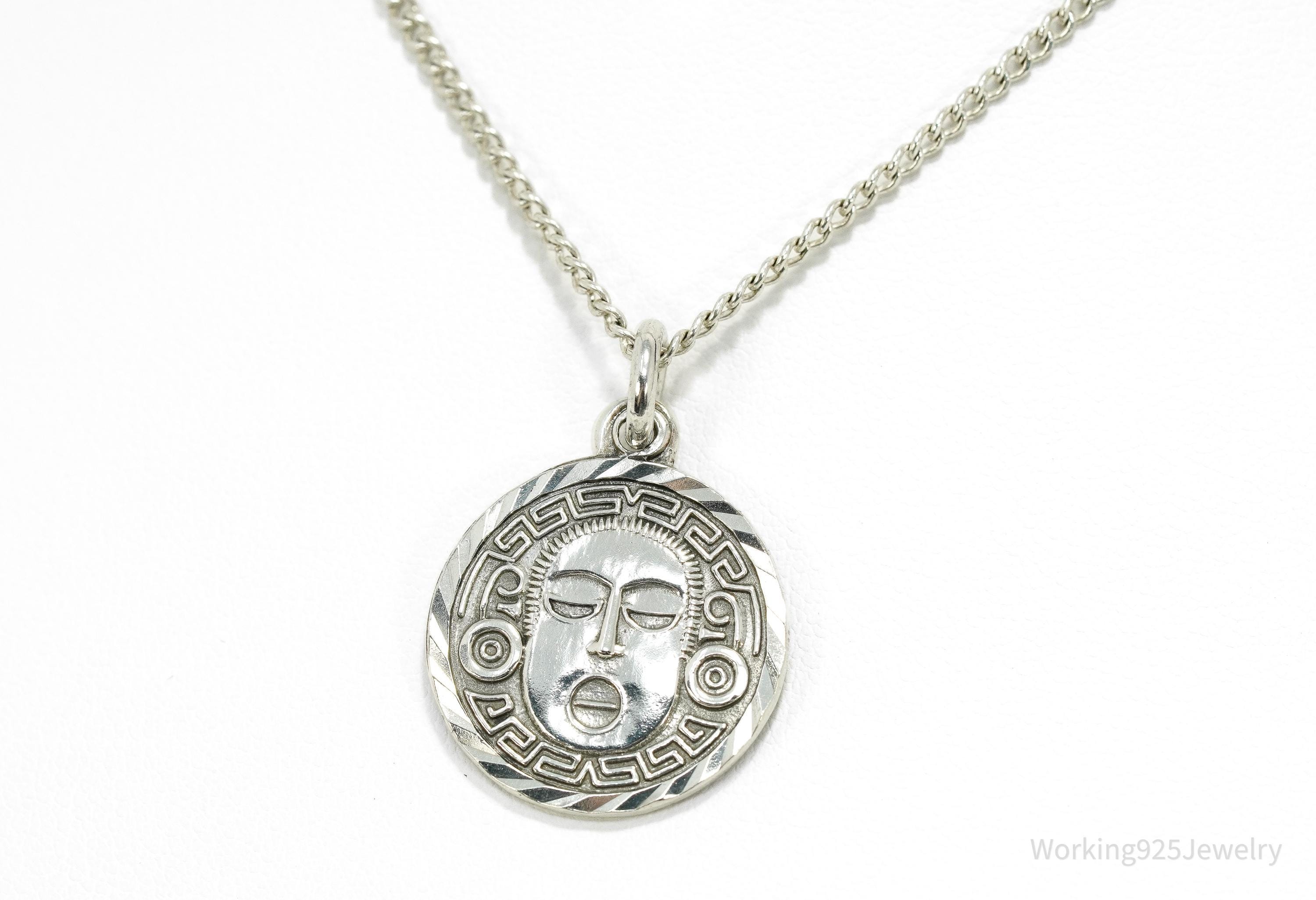 Vintage Mexico Mayan Medallion God 950 Silver Necklace 18"