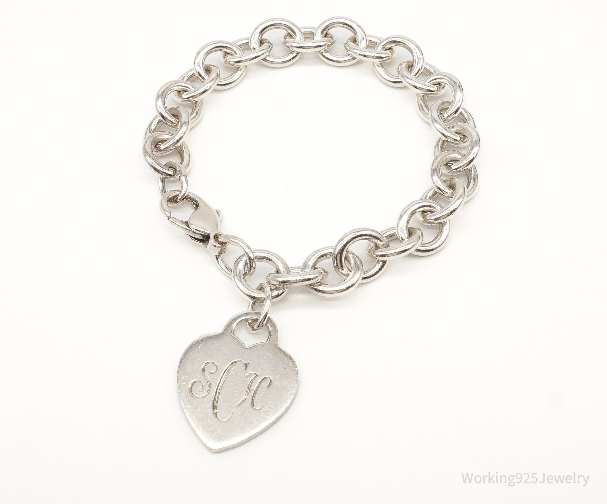 Vintage Designer Tiffany & Co Heart Tag SCH Etched Sterling Silver Bracelet