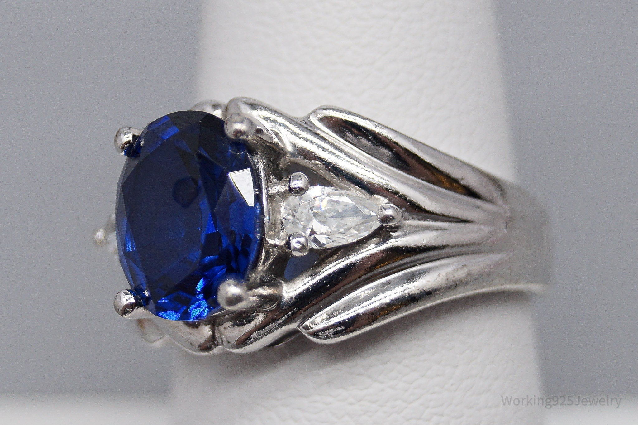 Vintage Lab Sapphire Diamonique Cubic Zirconia Sterling Silver Ring - Size 7.75