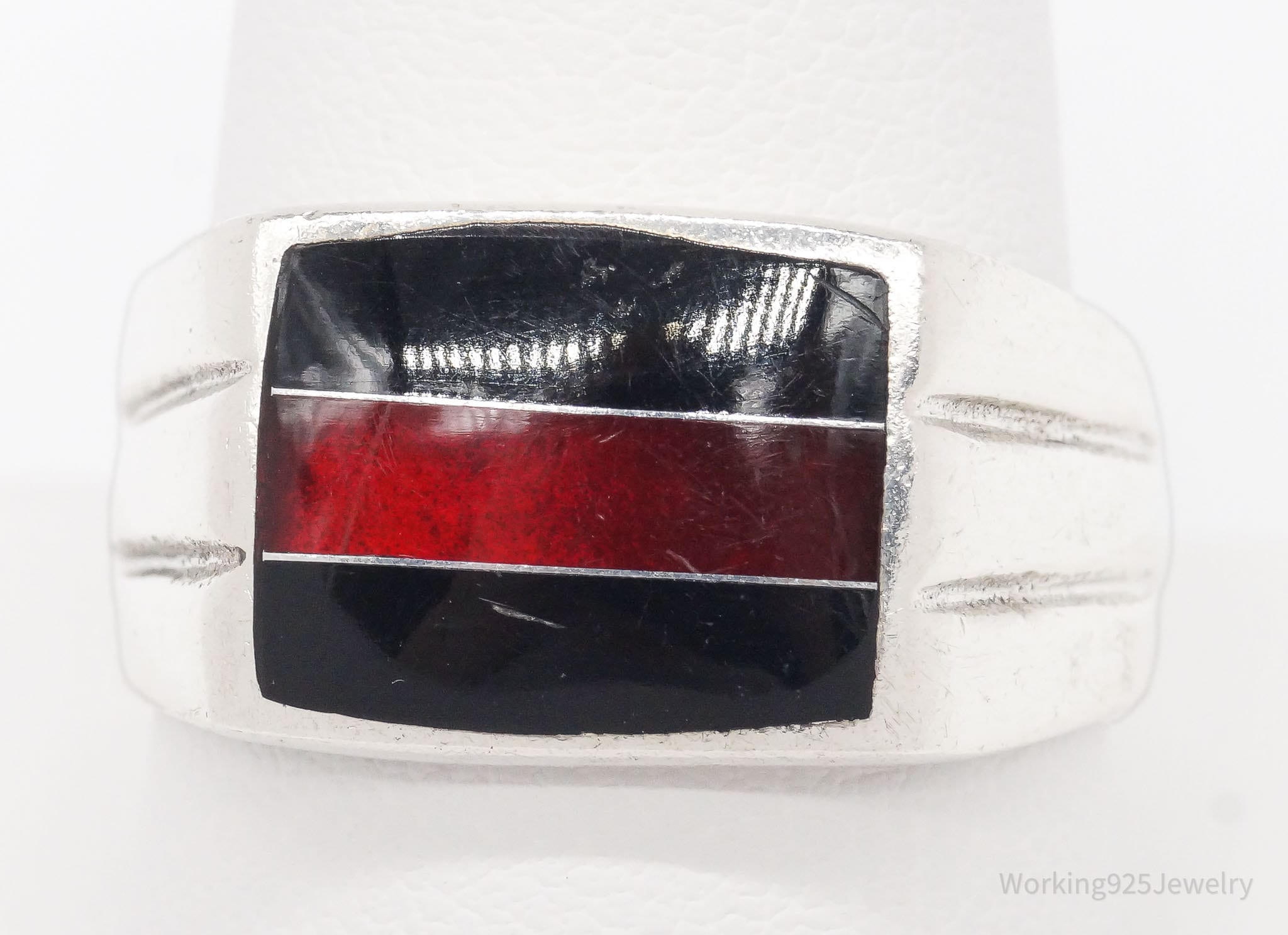 Vintage Red & Black Enamel Sterling Silver Ring - Size 10