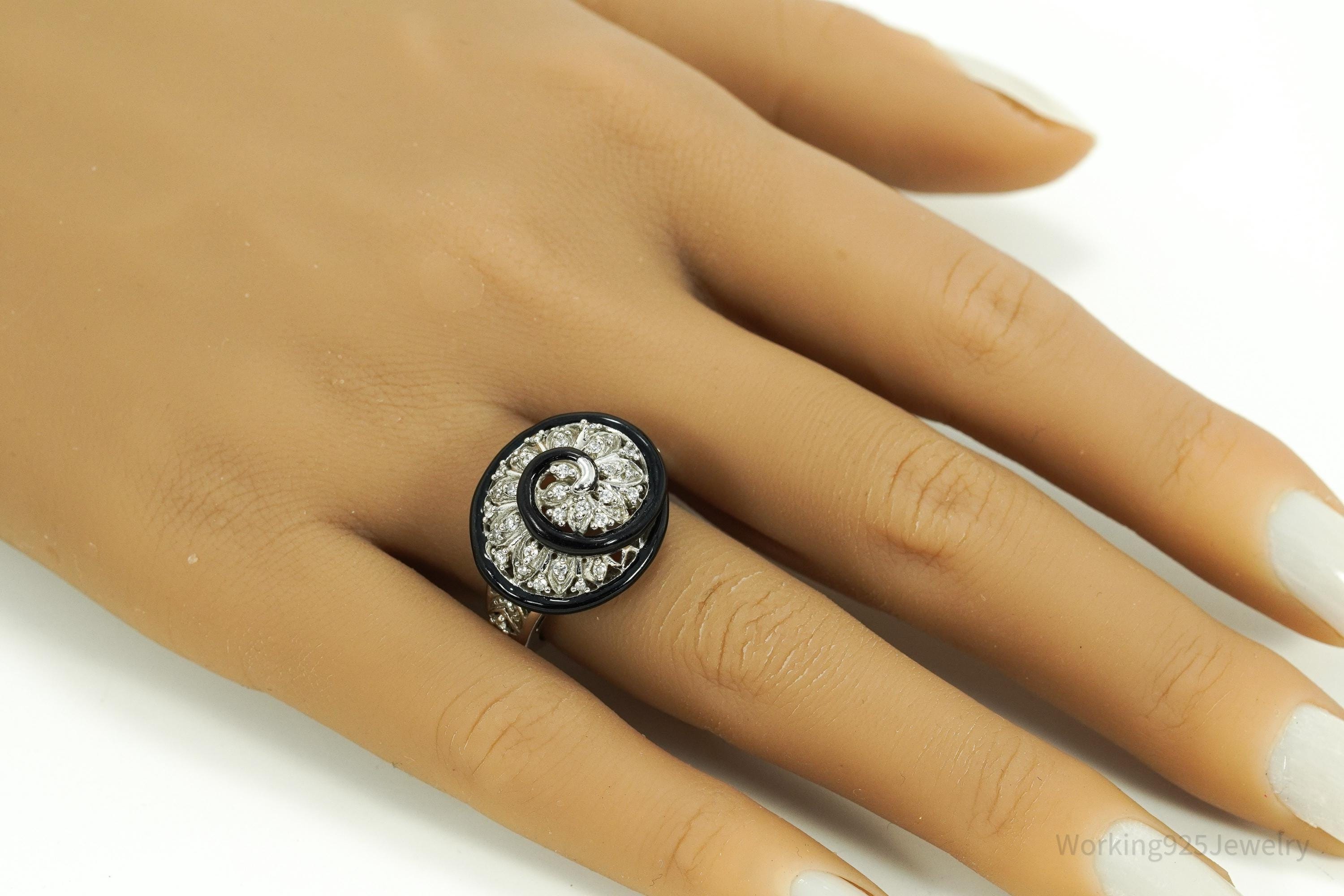 Vintage Designer Cubic Zirconia & Enamel Spiral Sterling Silver Ring - Size 7