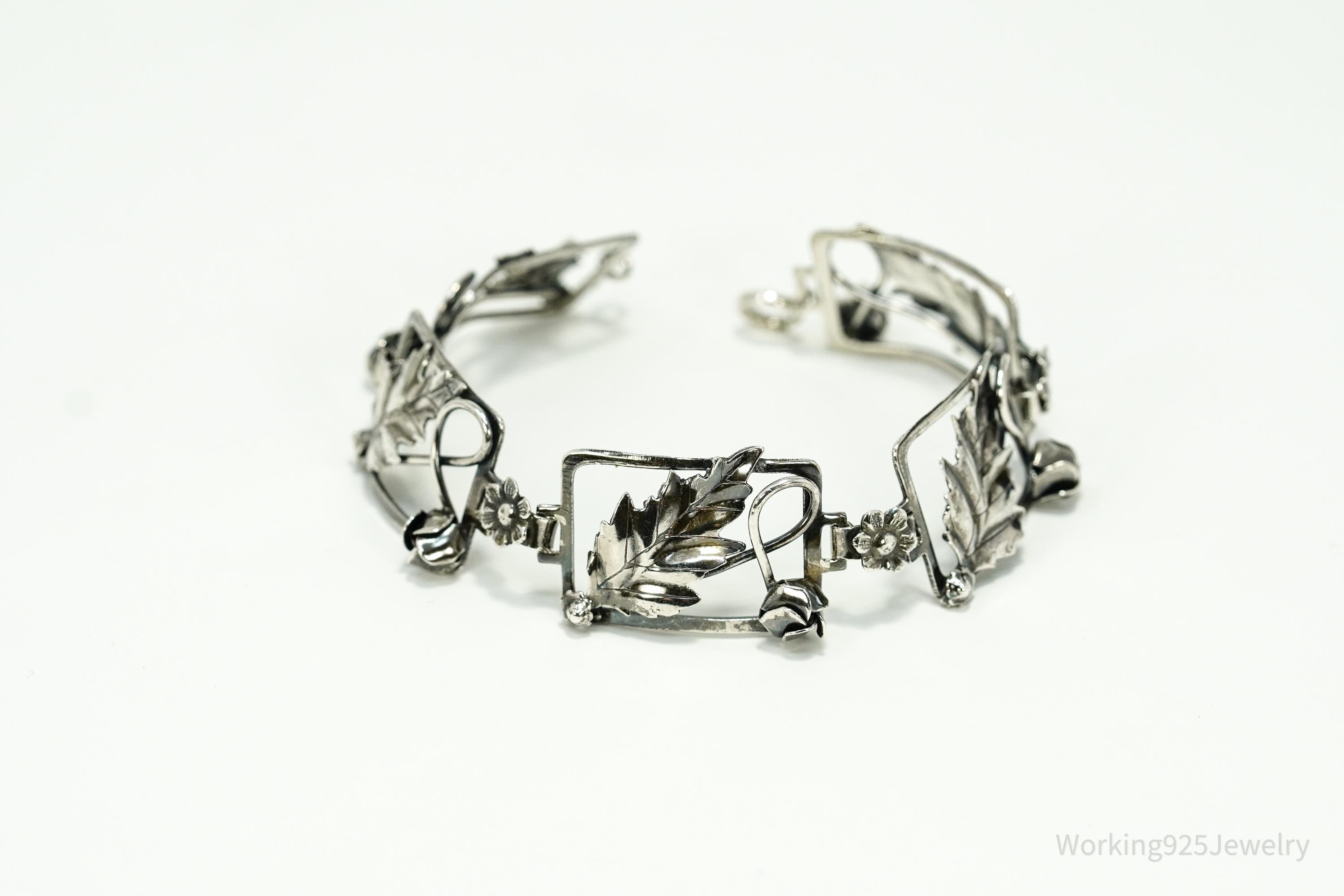 Antique Floral Sterling Silver Bracelet 7.5"