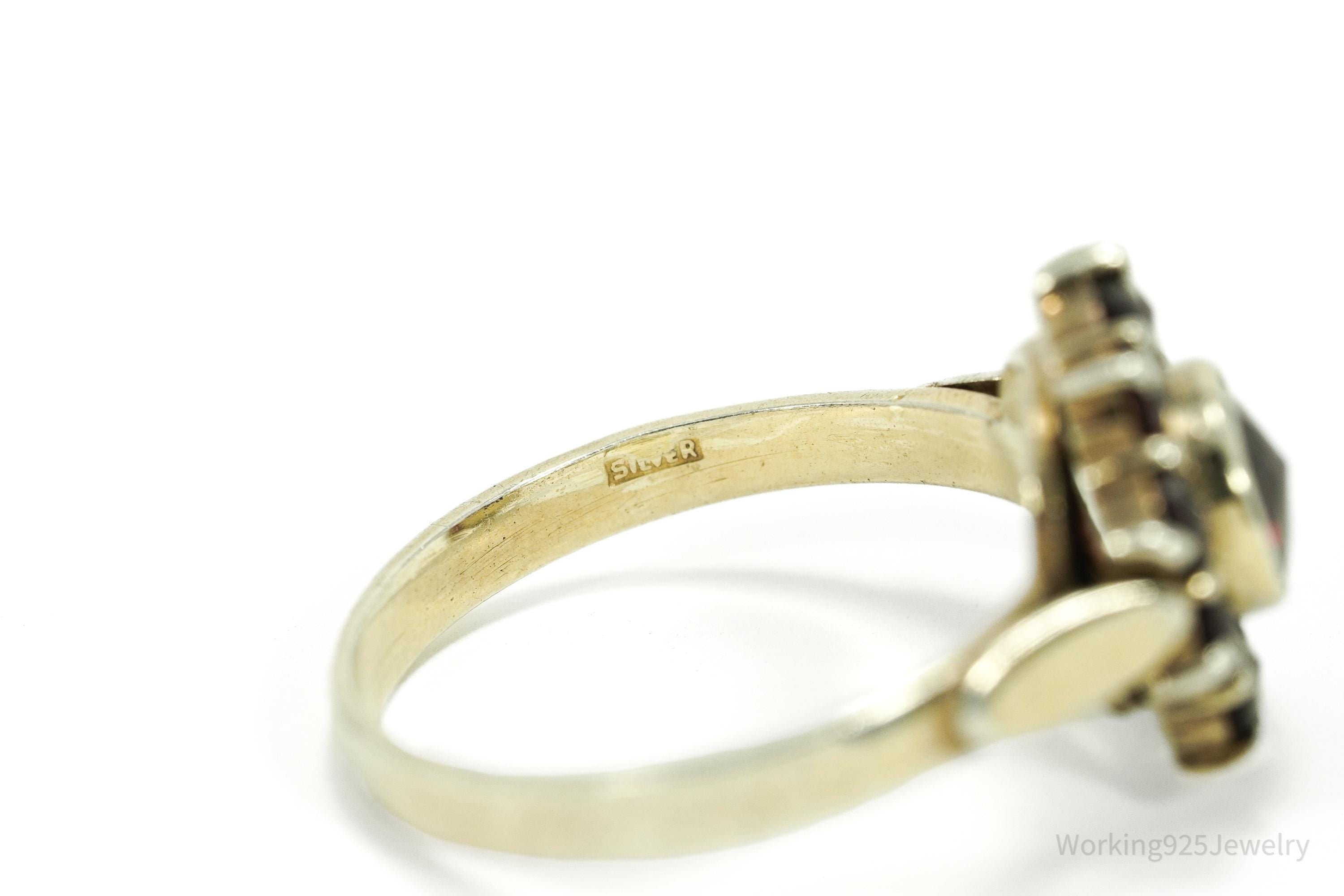 Antique Bohemian Garnet Flower Gold Wash Silver Ring - Size 5.5