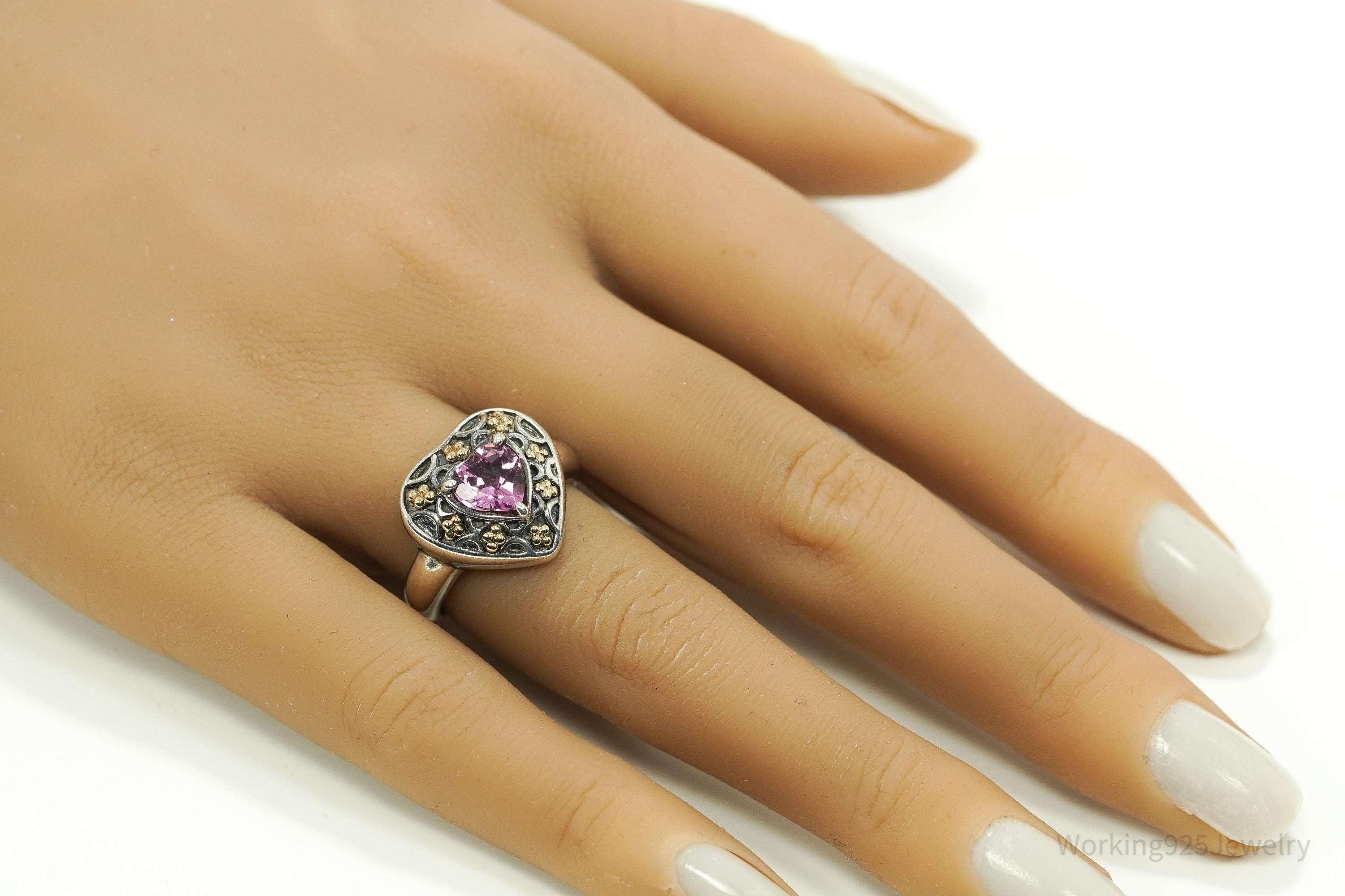 Vintage SLV Pink Topaz 14K Yellow Gold Sterling Silver Ring - Size 7