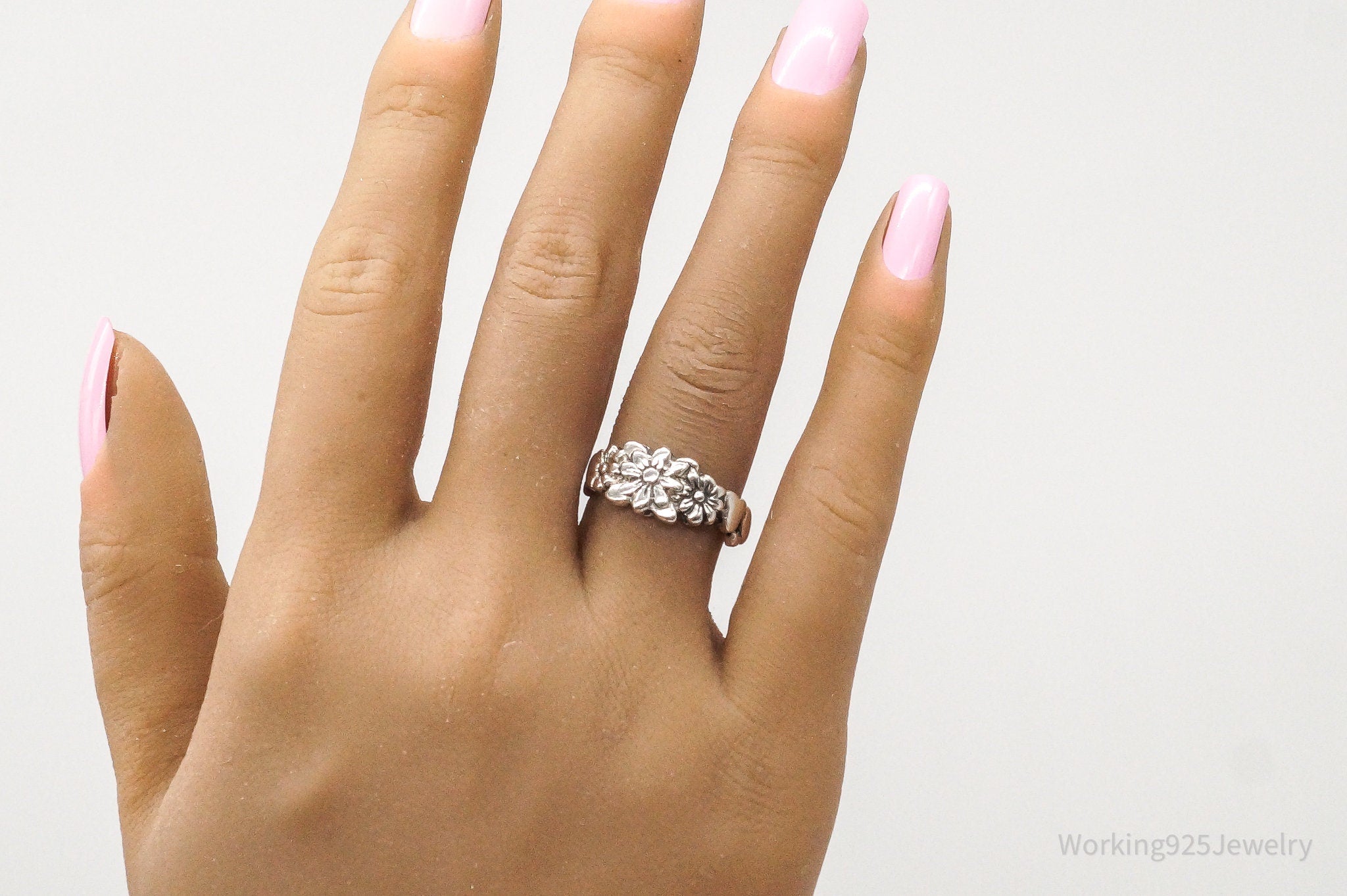 Vintage Designer Flowers Sterling Silver Ring - Size 7.75