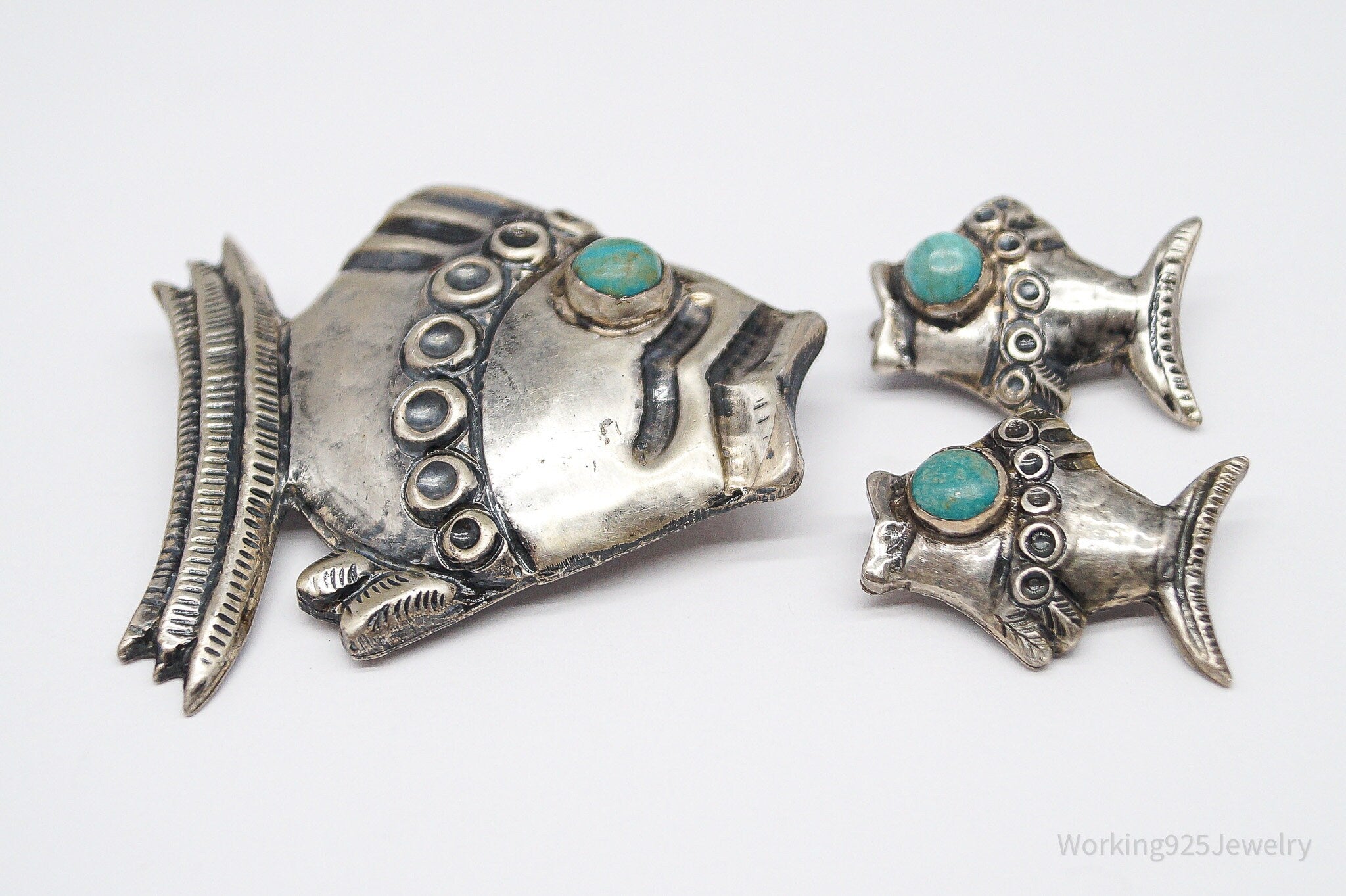 RARE Vintage Mexico Modernist Fish Turquoise Sterling Silver Brooch Pin & Earrings Set
