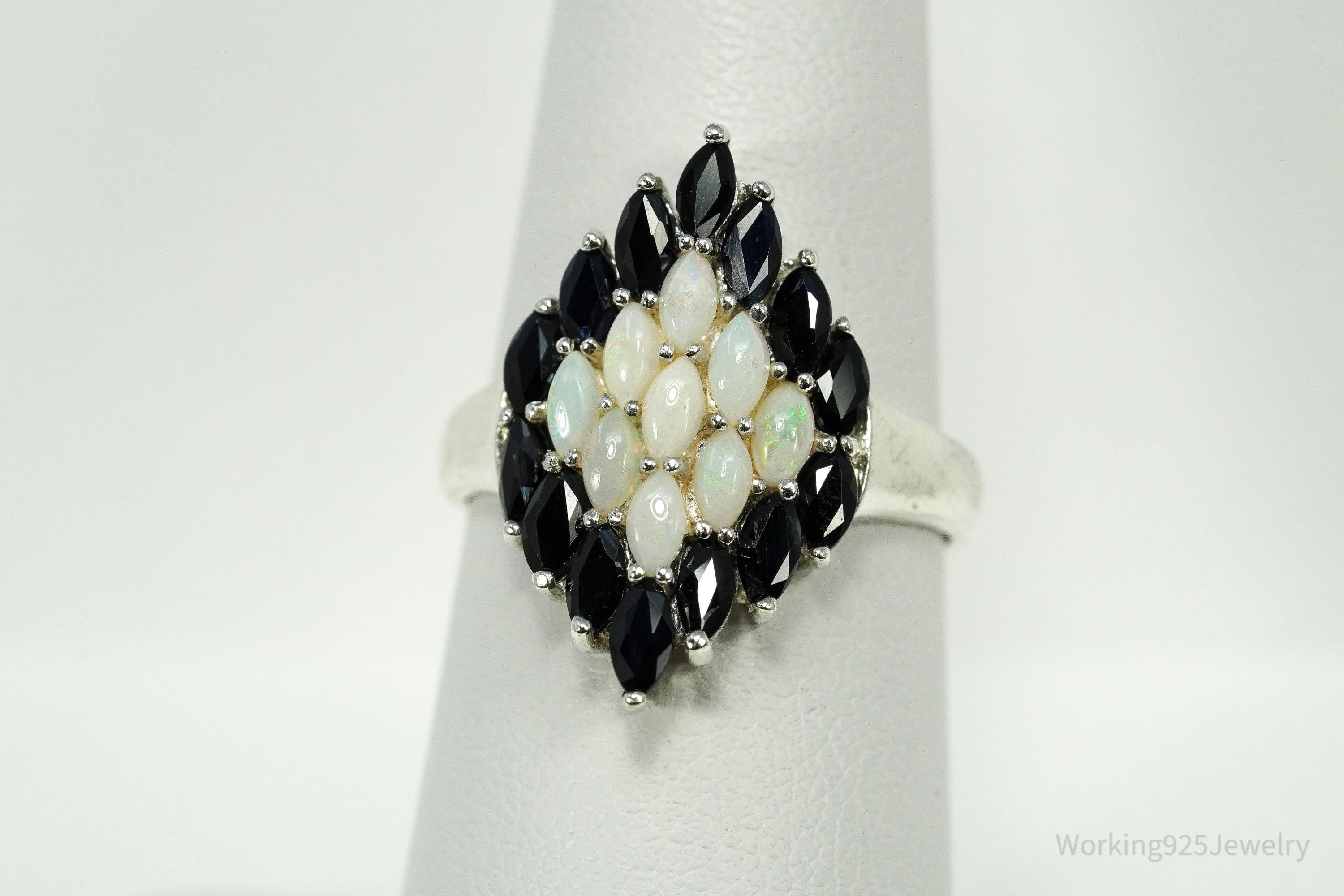 Vintage Opal & Blue Sapphire Sterling Silver Ring - Size 7