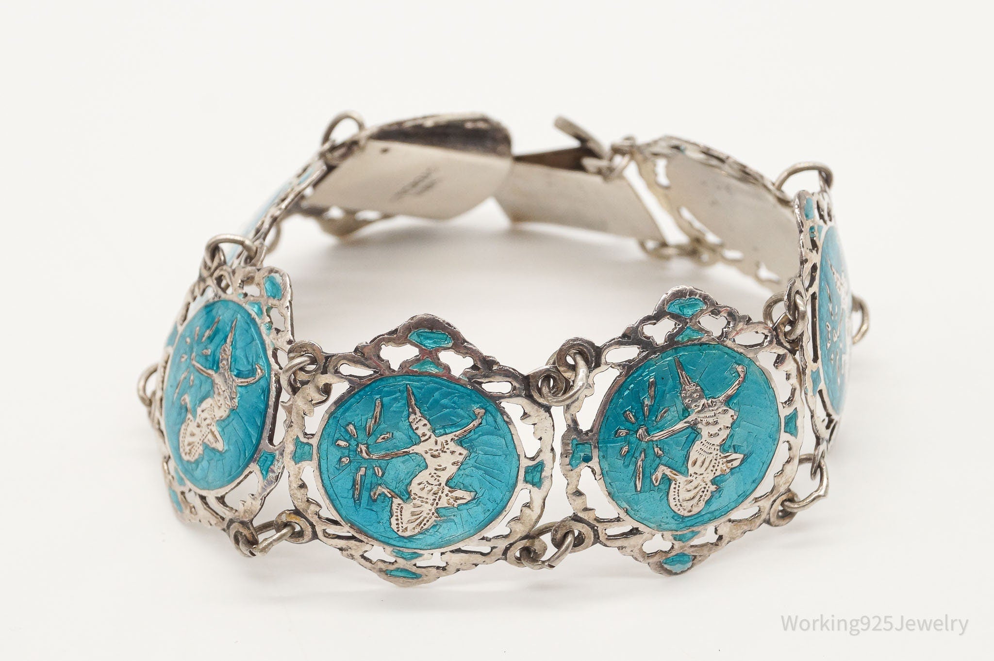 Vintage SIAM Blue Enamel Goddess Lightening Dancers Sterling Silver Bracelet