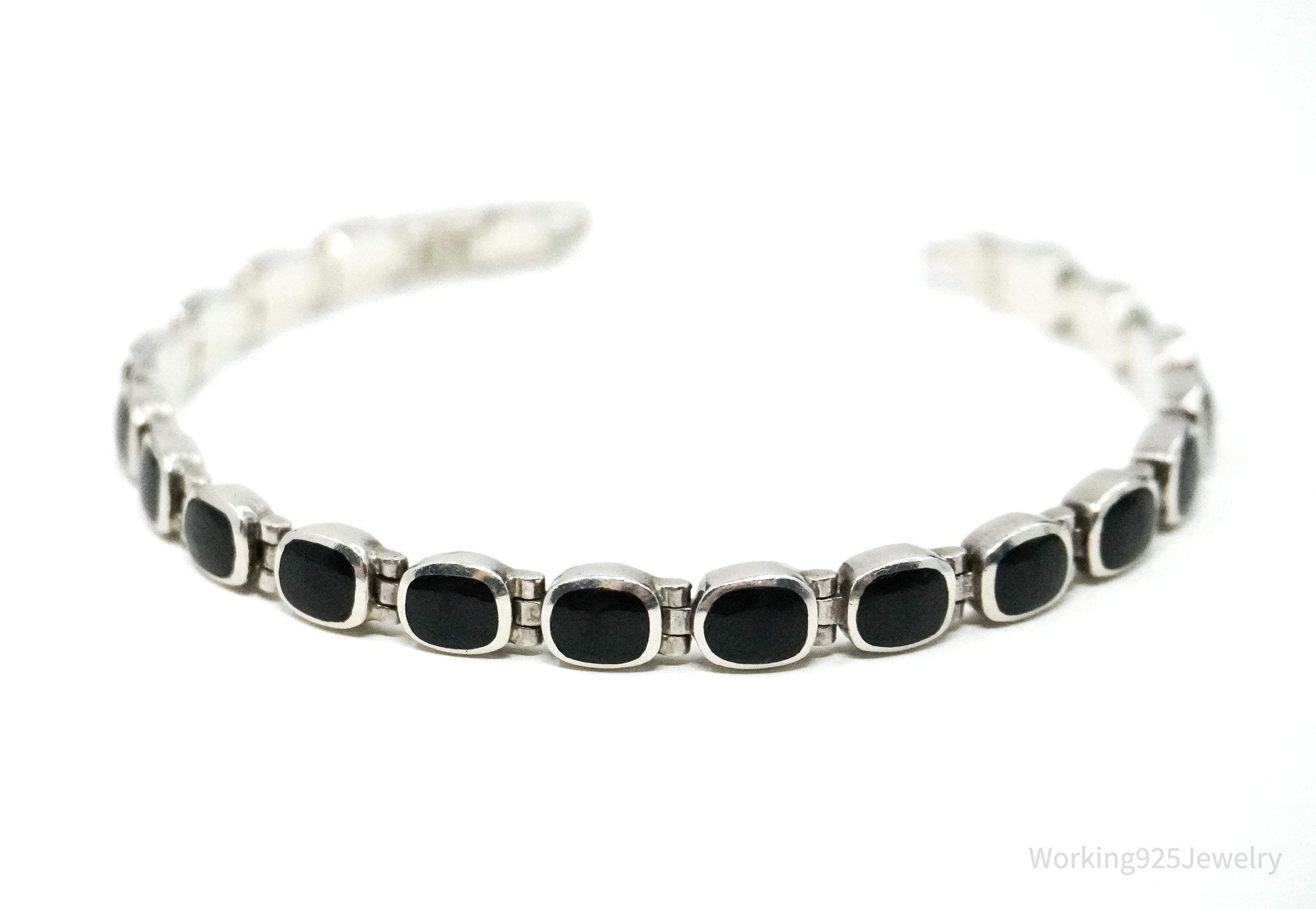 Vintage Southwestern Designer Peyote Bird Black Onyx Inlay Sterling Silver Bracelet 7.5