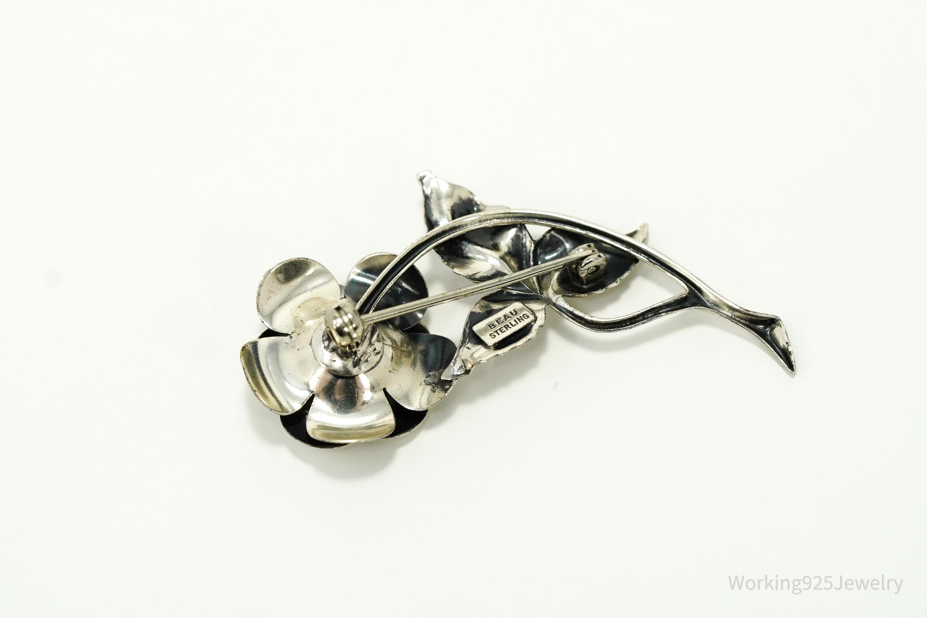 Vintage Designer Beau Sterling Silver Rose Brooch Pin