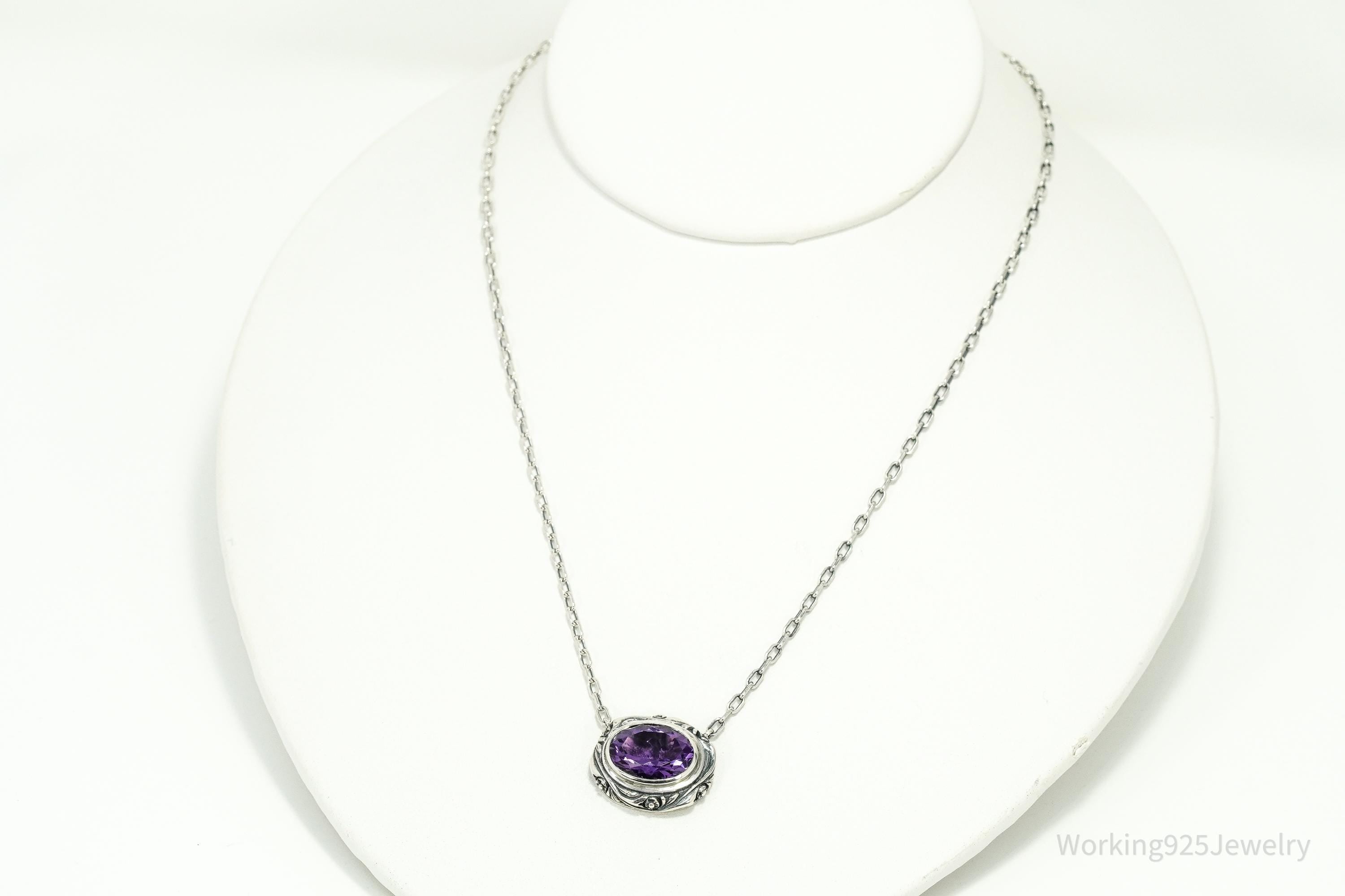 Vintage Large Amethyst Sterling Silver Necklace 17"