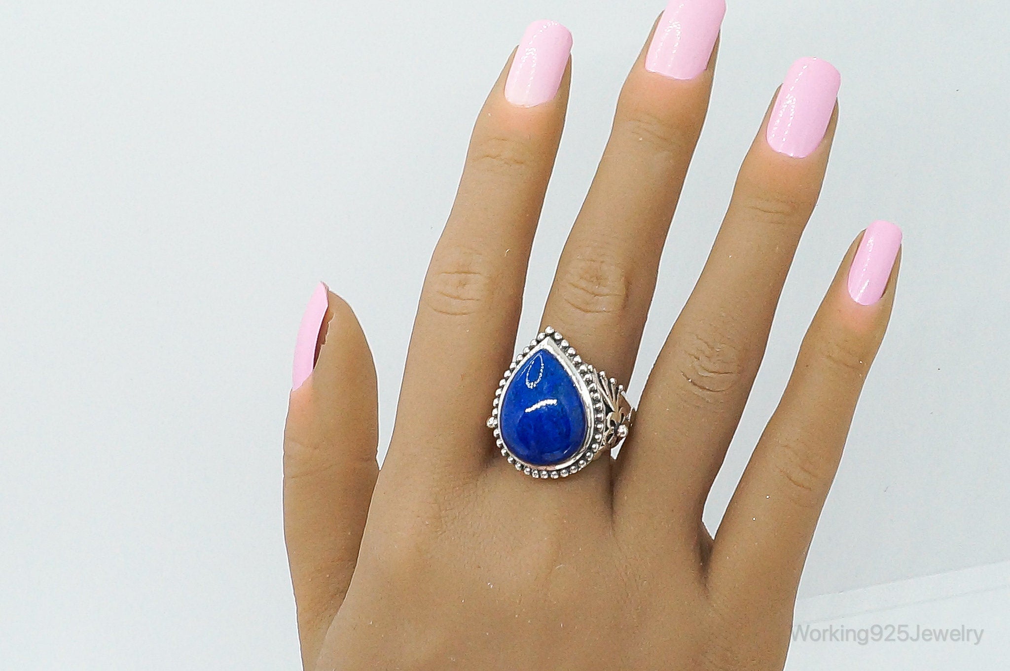 Vintage Large Blue Lapis Lazuli Sterling Silver Ring - Size 10