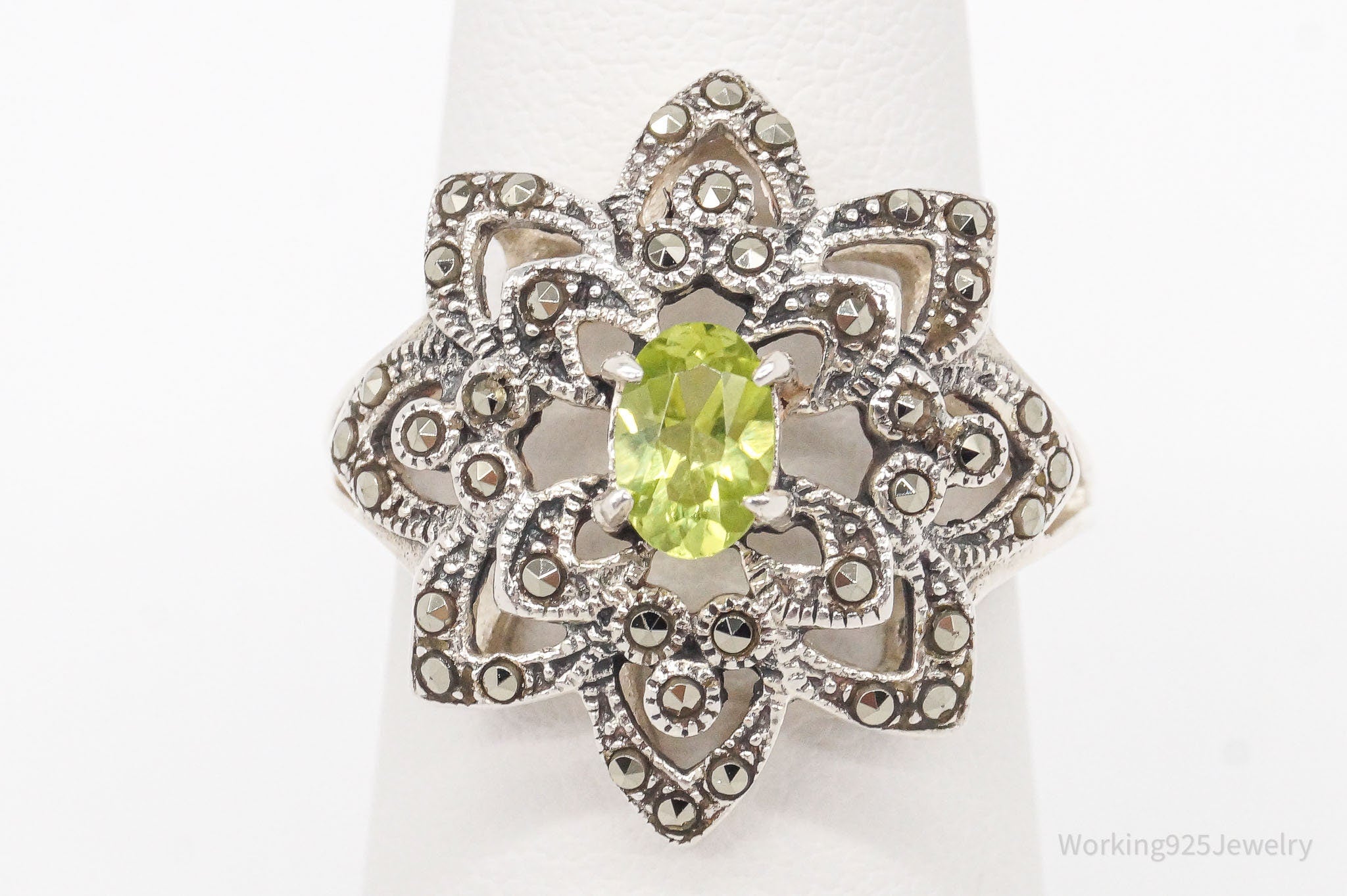 Vintage Peridot Marcasite Flower Sterling Silver Ring - Size 6.75