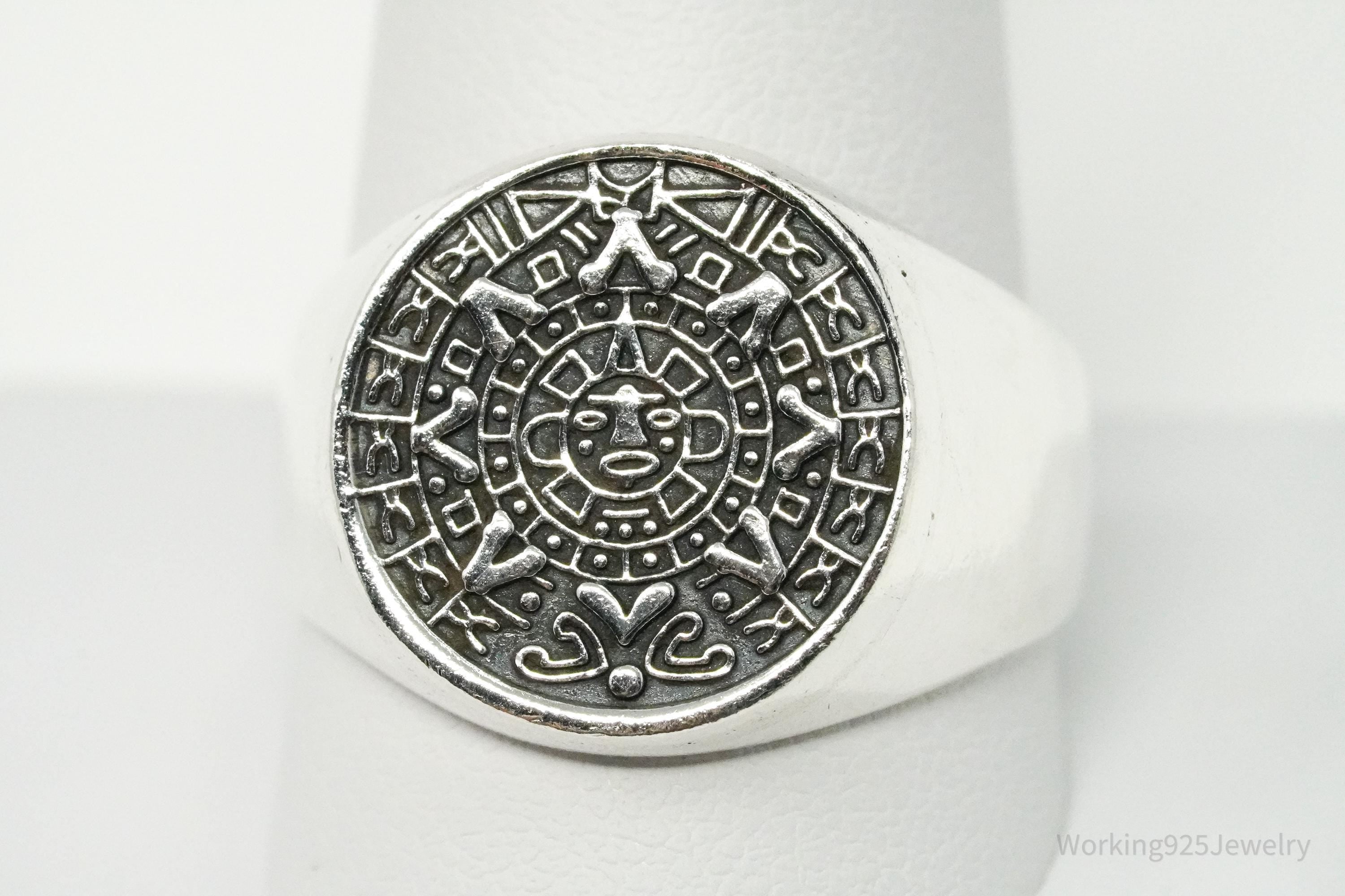 Vintage Aztec Mayan Sun Calendar Sterling Silver Ring Size 11.5