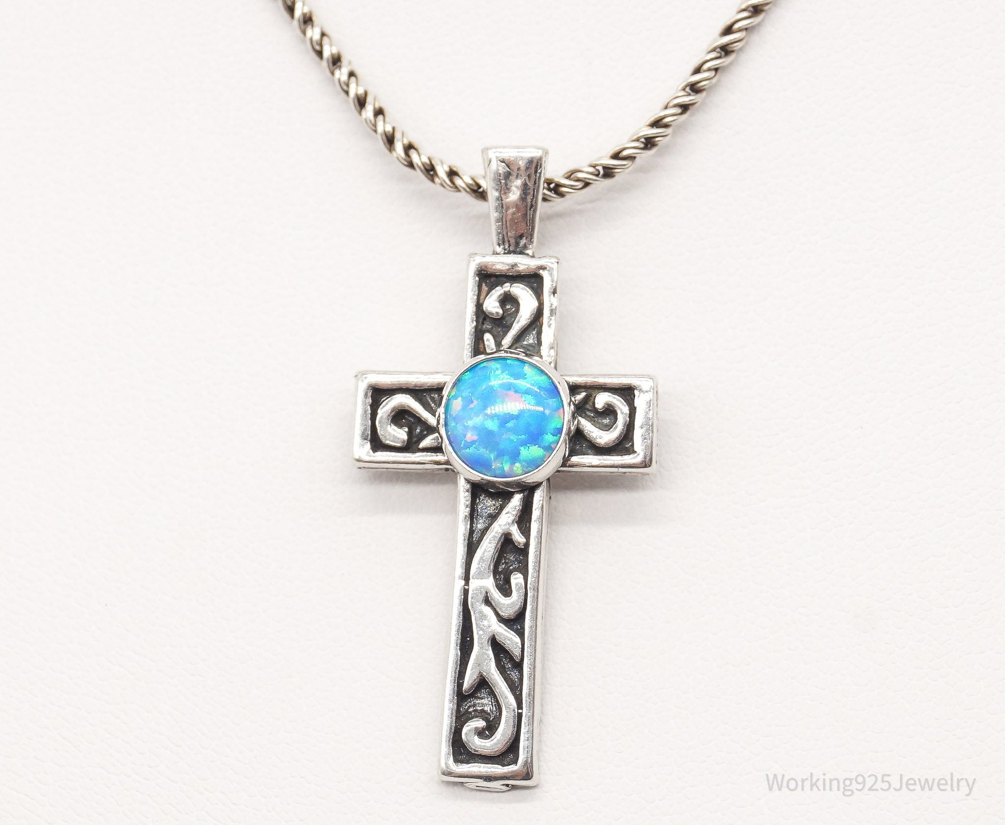 Vintage Blue Opal Sterling Silver Cross Necklace