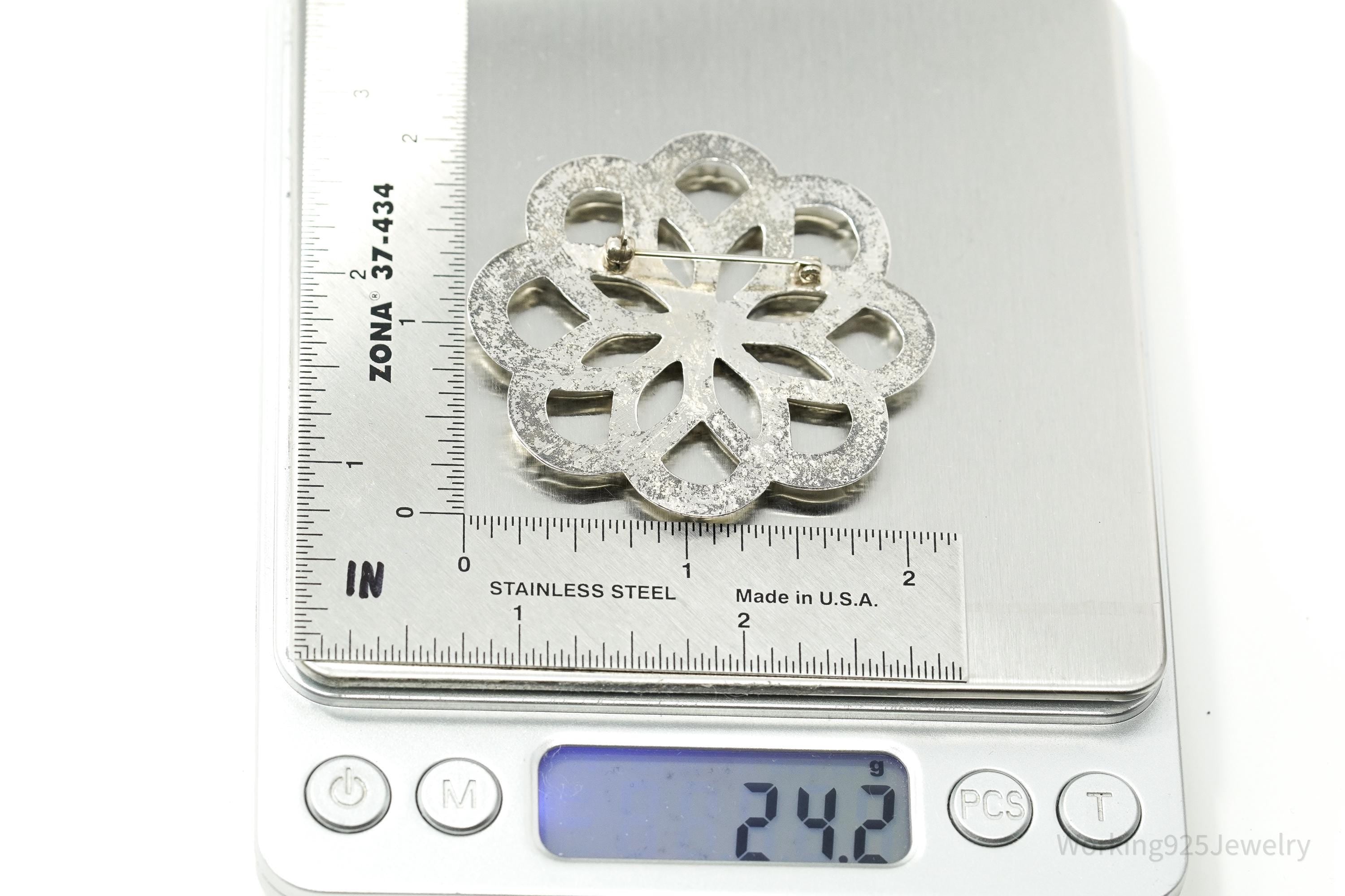 Large Vintage Flower Silver Brooch Pin 2"