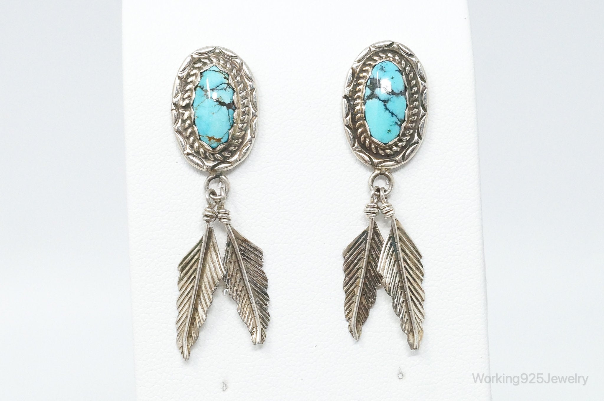 Vintage Native American Designer SY Turquoise Sterling Silver Earrings