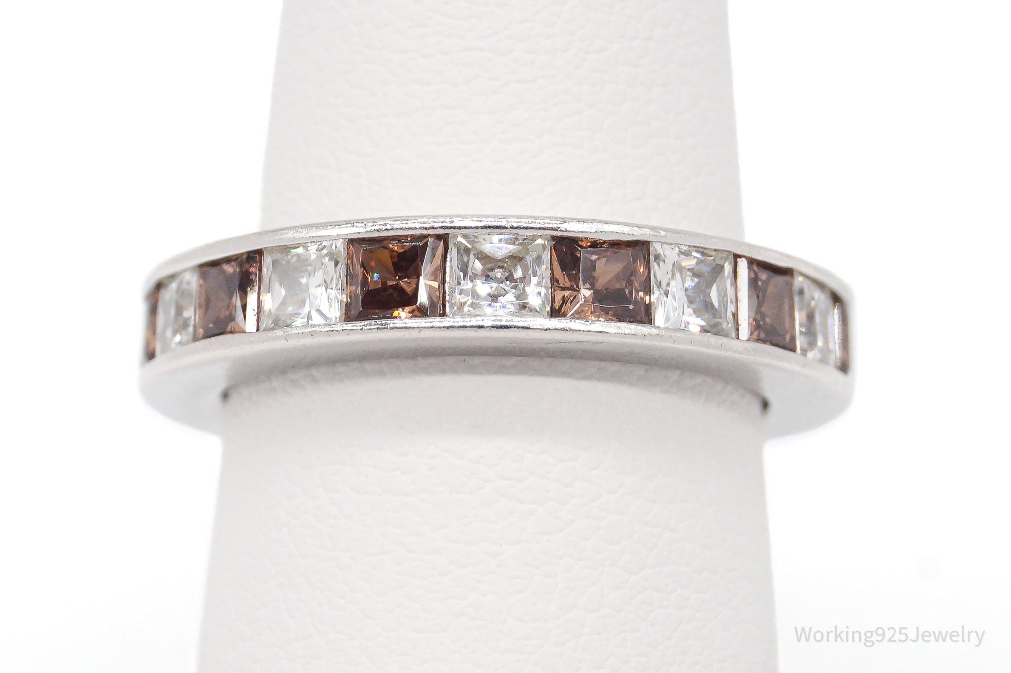 White & Brown Cubic Zirconia Platinum Clad Sterling Silver Ring - Size 7