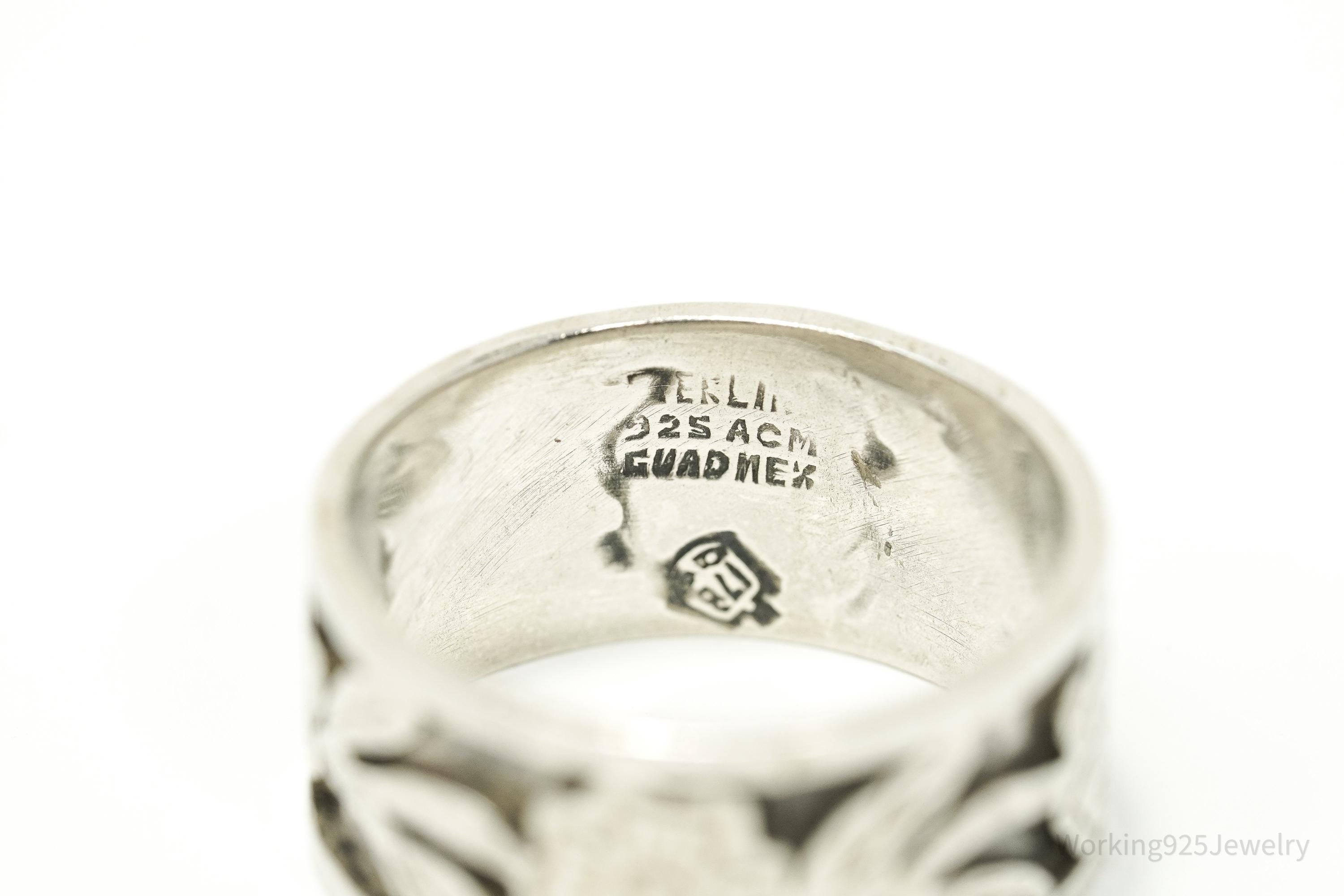 Vintage Mexico Flower Pattern Sterling Silver Ring - Size 12