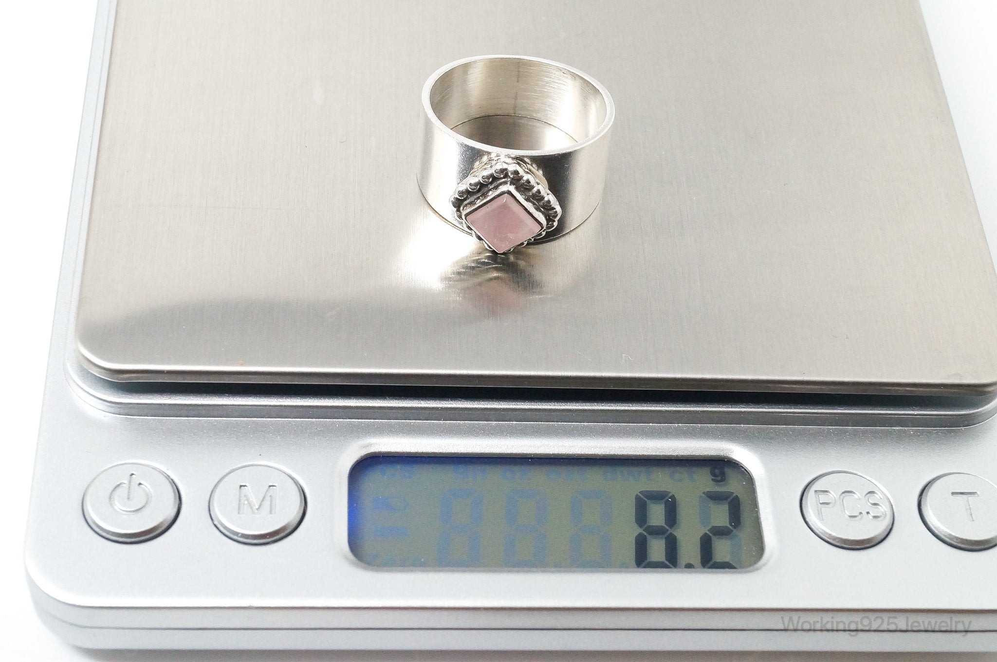 Vintage Native American Carol Felley Rose Quartz Sterling Silver Band Ring SZ 9