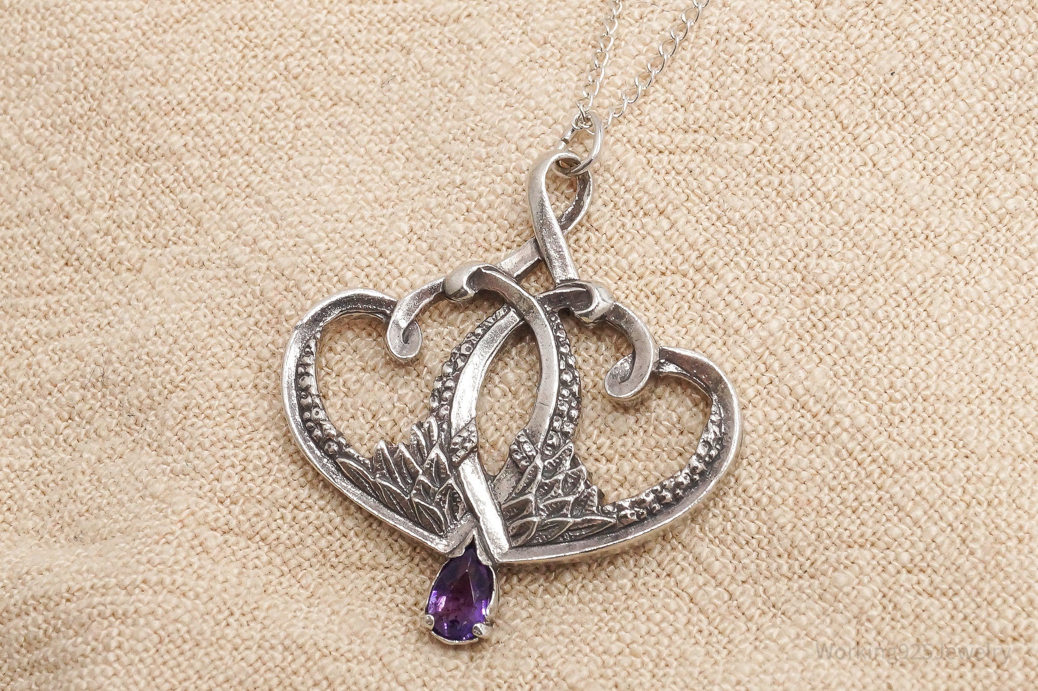 Vintage 1893 GRADH Franklin Mint Double Heart Amethyst Sterling Silver Necklace