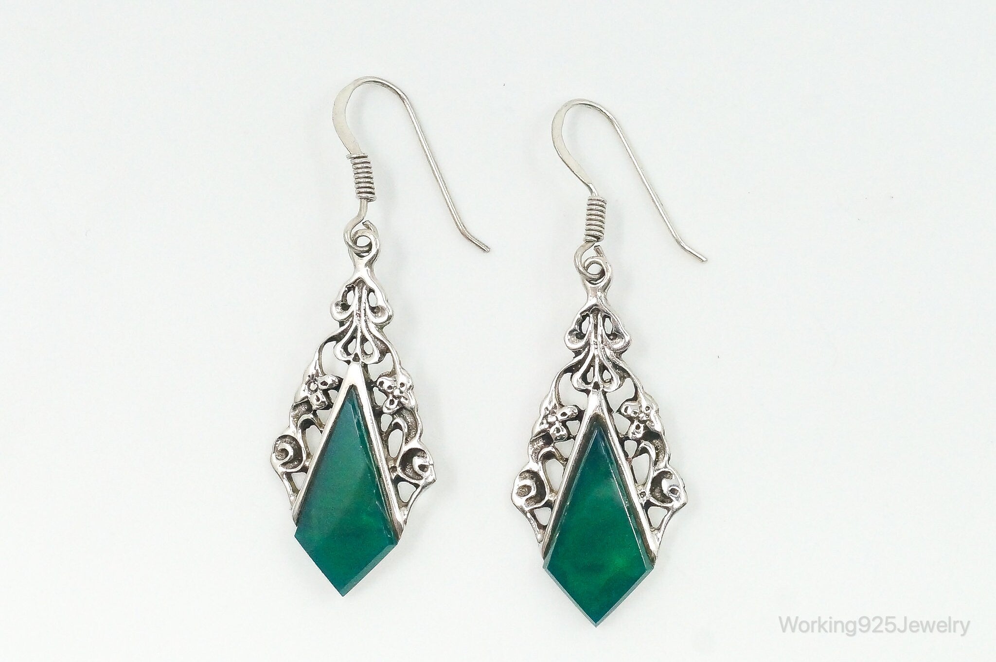 Vintage Green Onyx Art Nouveau Vines Sterling Silver Earrings