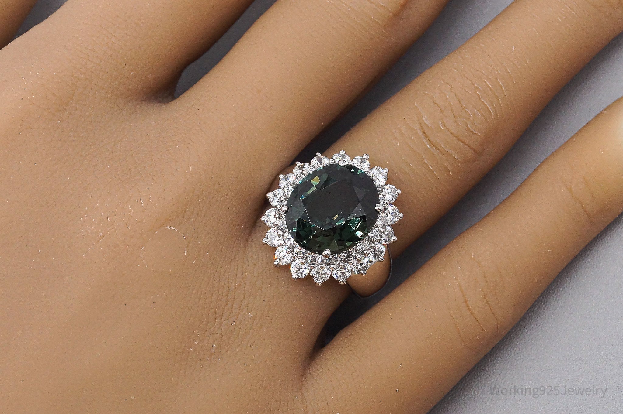 Large Lab Bluish Green Spinel & Cubic Zirconia Sterling Silver Ring Size 6.5