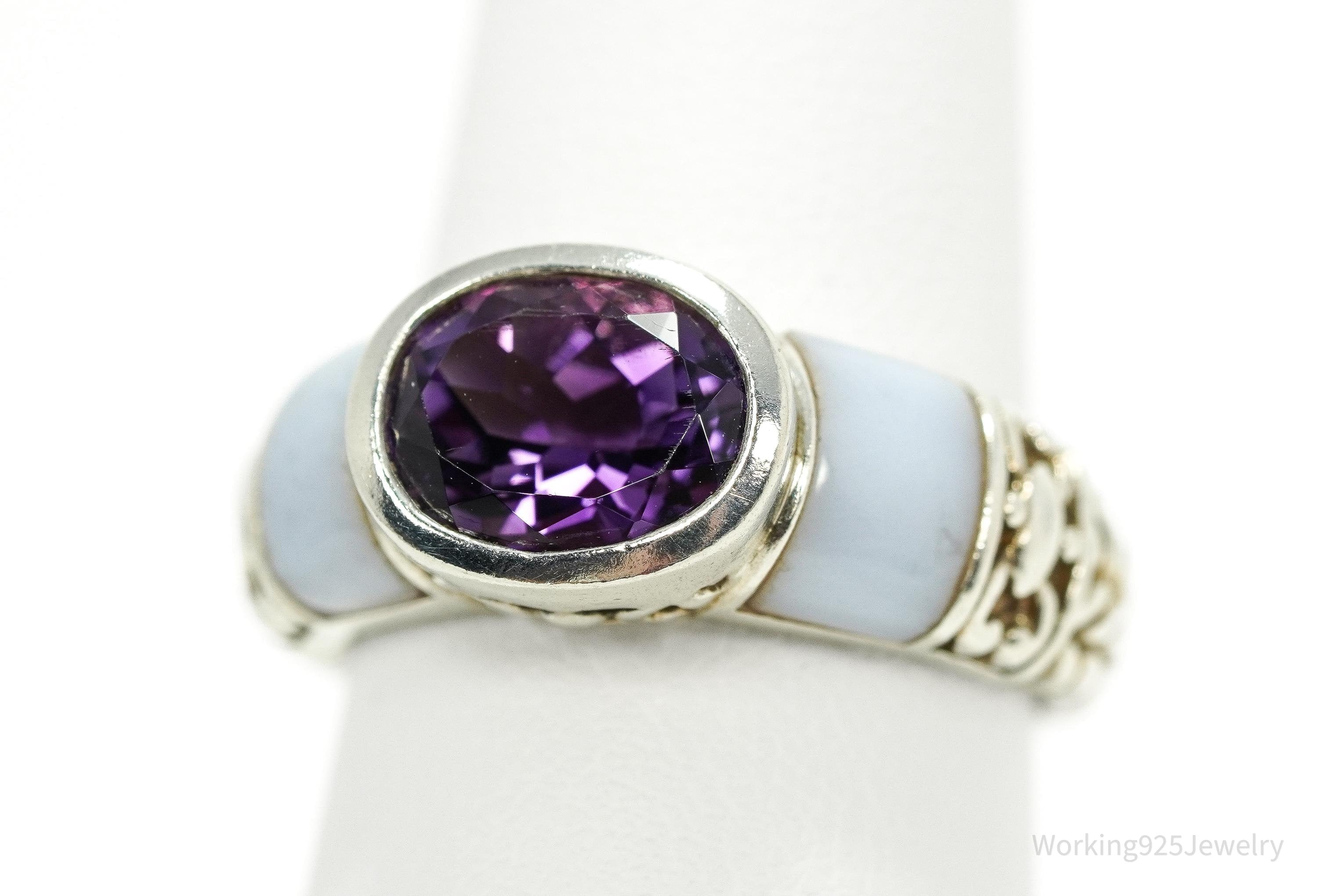 Vintage Amethyst & Blue Chalcedony Sterling Silver Ring - Size 8.25
