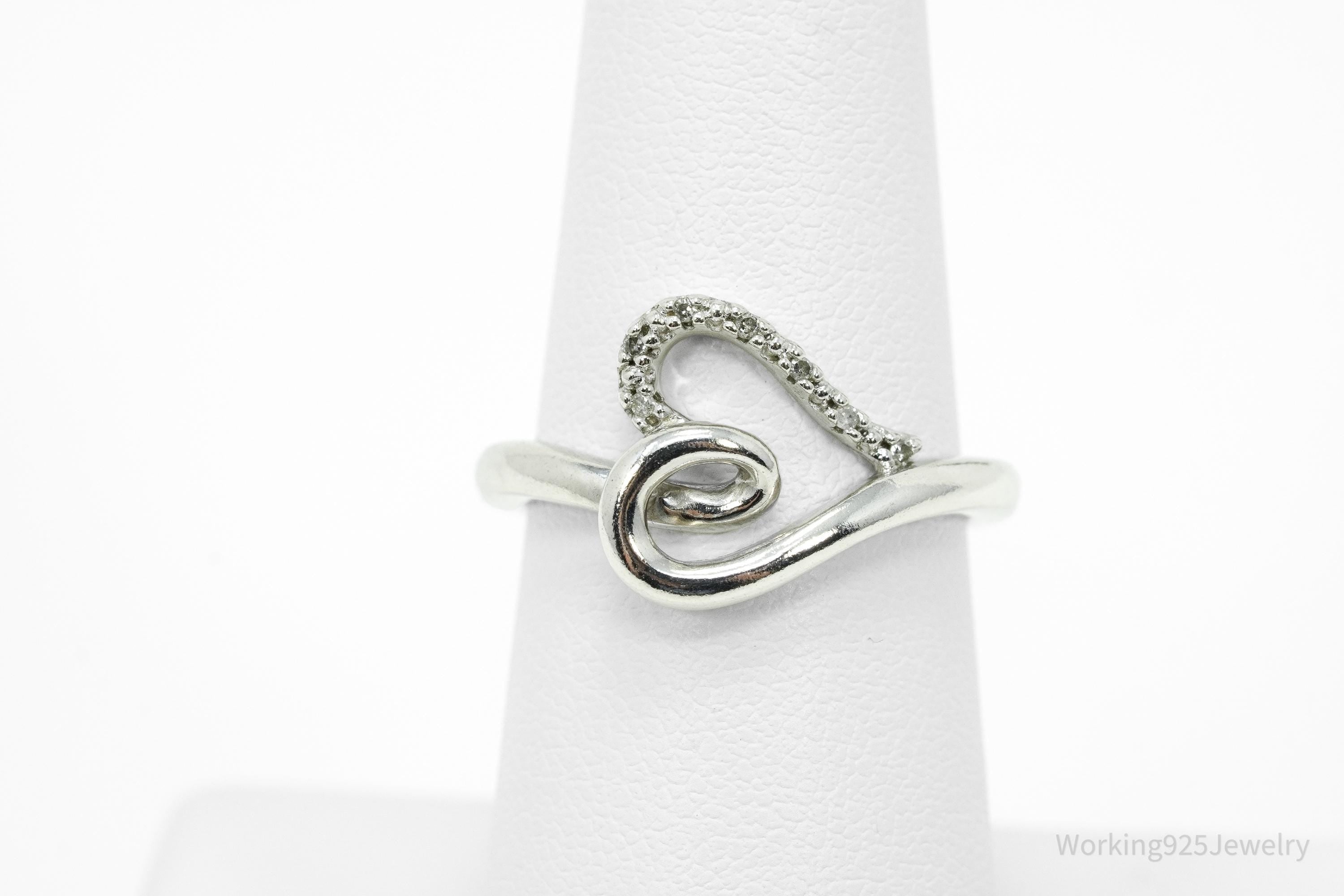 Vintage SUN White Diamond Heart Sterling Silver Ring - Size 6.75
