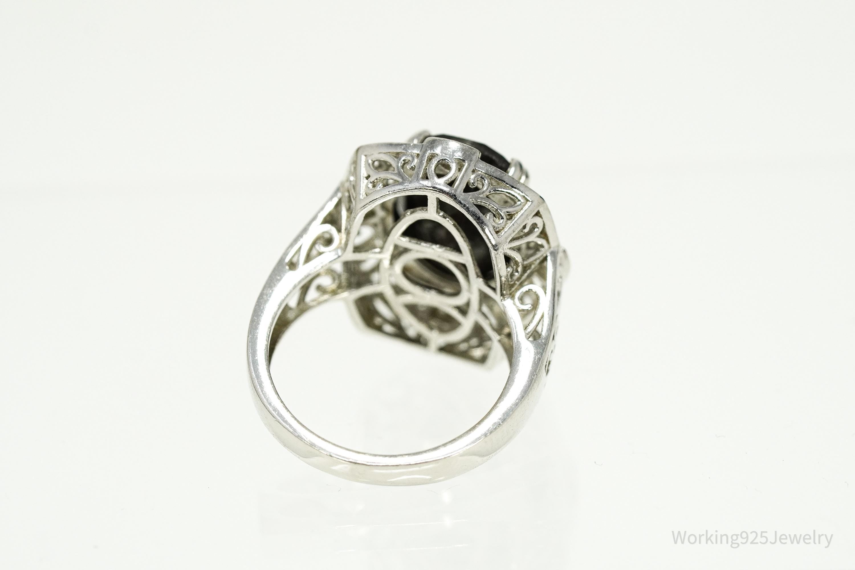 Vintage Grey Brown Stone & White Topaz Sterling Silver Ring - Size 9