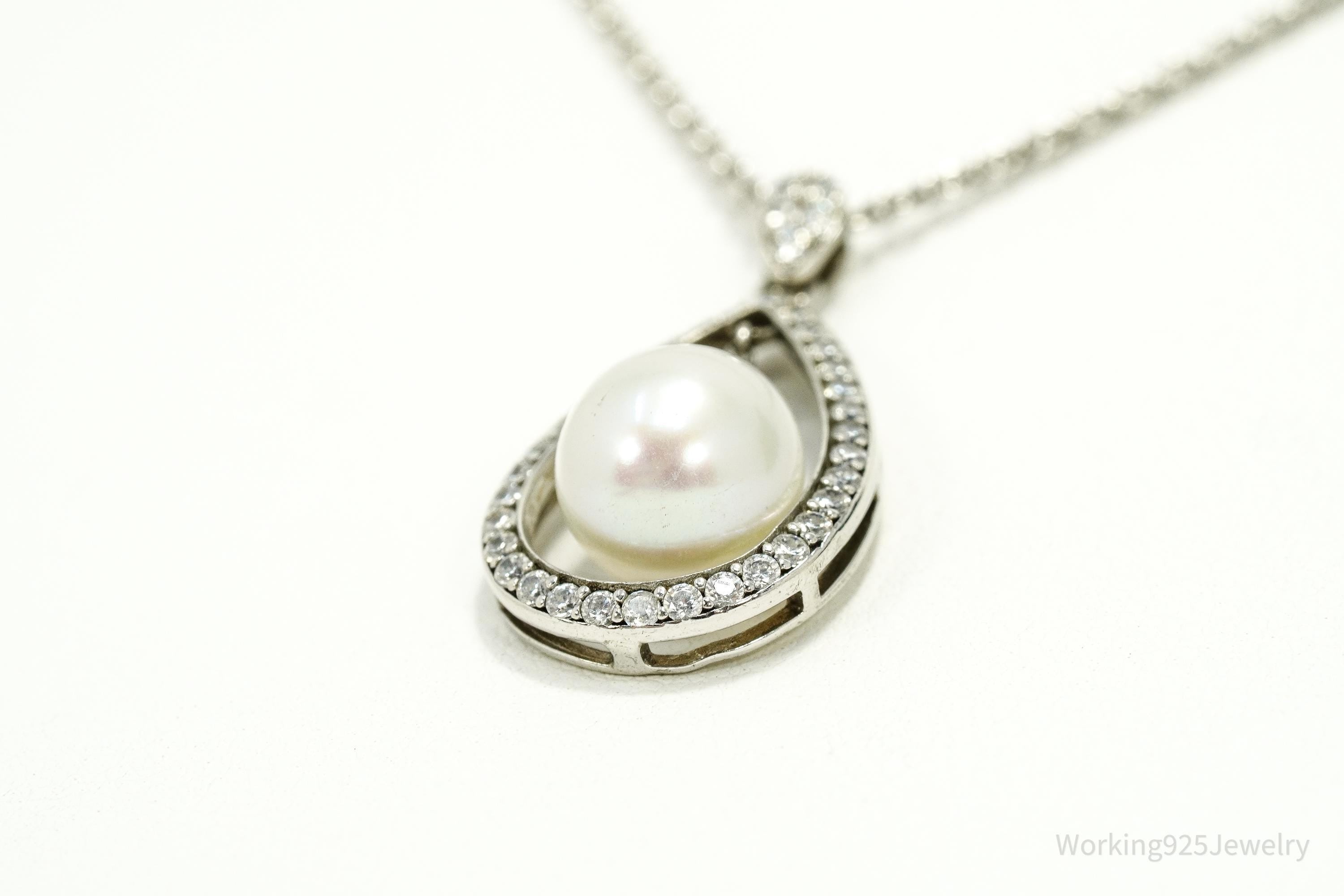 Vintage Pearl & Cubic Zirconia Sterling Silver Necklace 17"