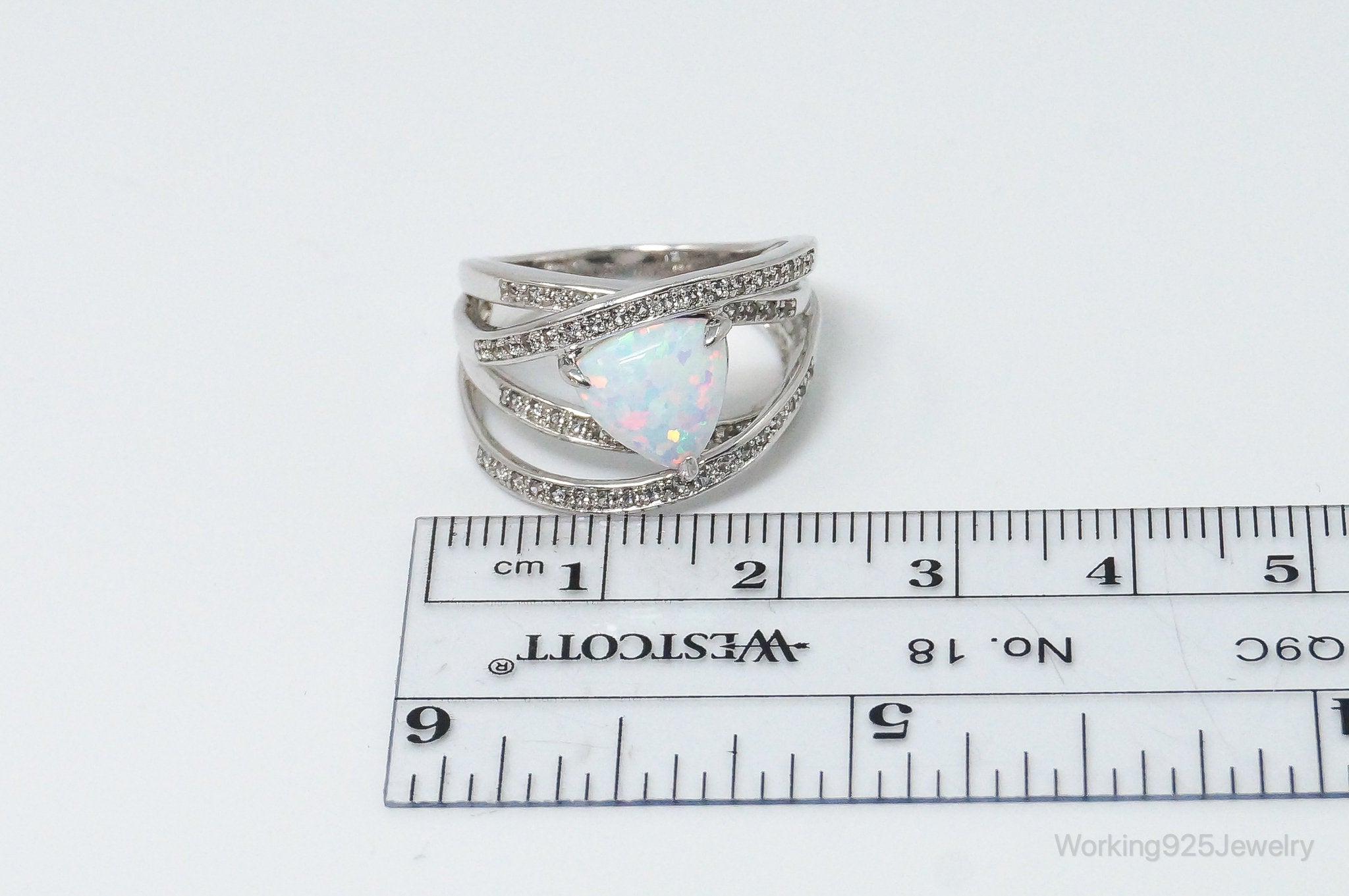 Vintage Opal Cubic Zirconia Sterling Silver Ring - SZ 7