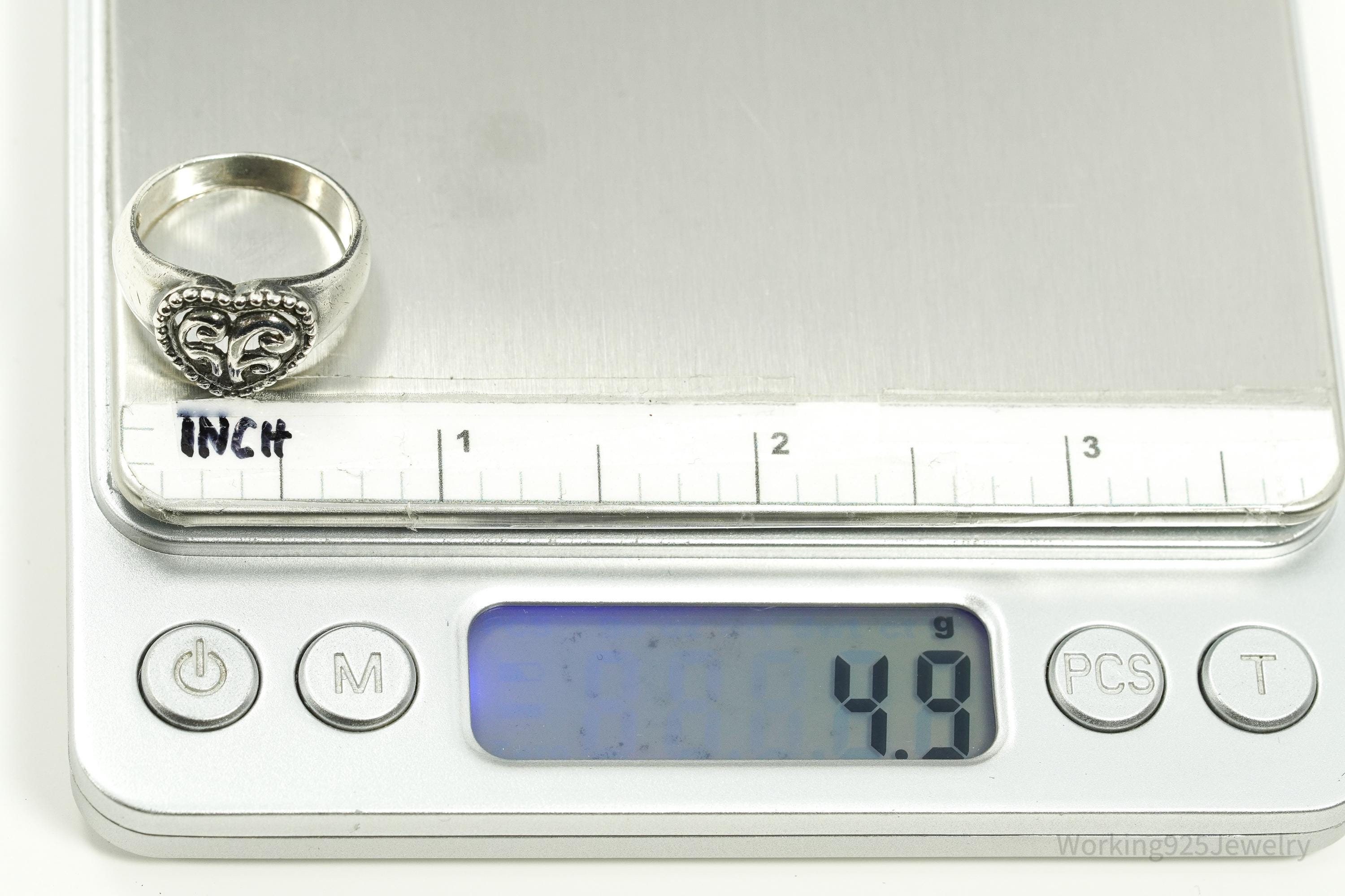 Vintage Scroll Heart Sterling Silver Band Ring - Size 7