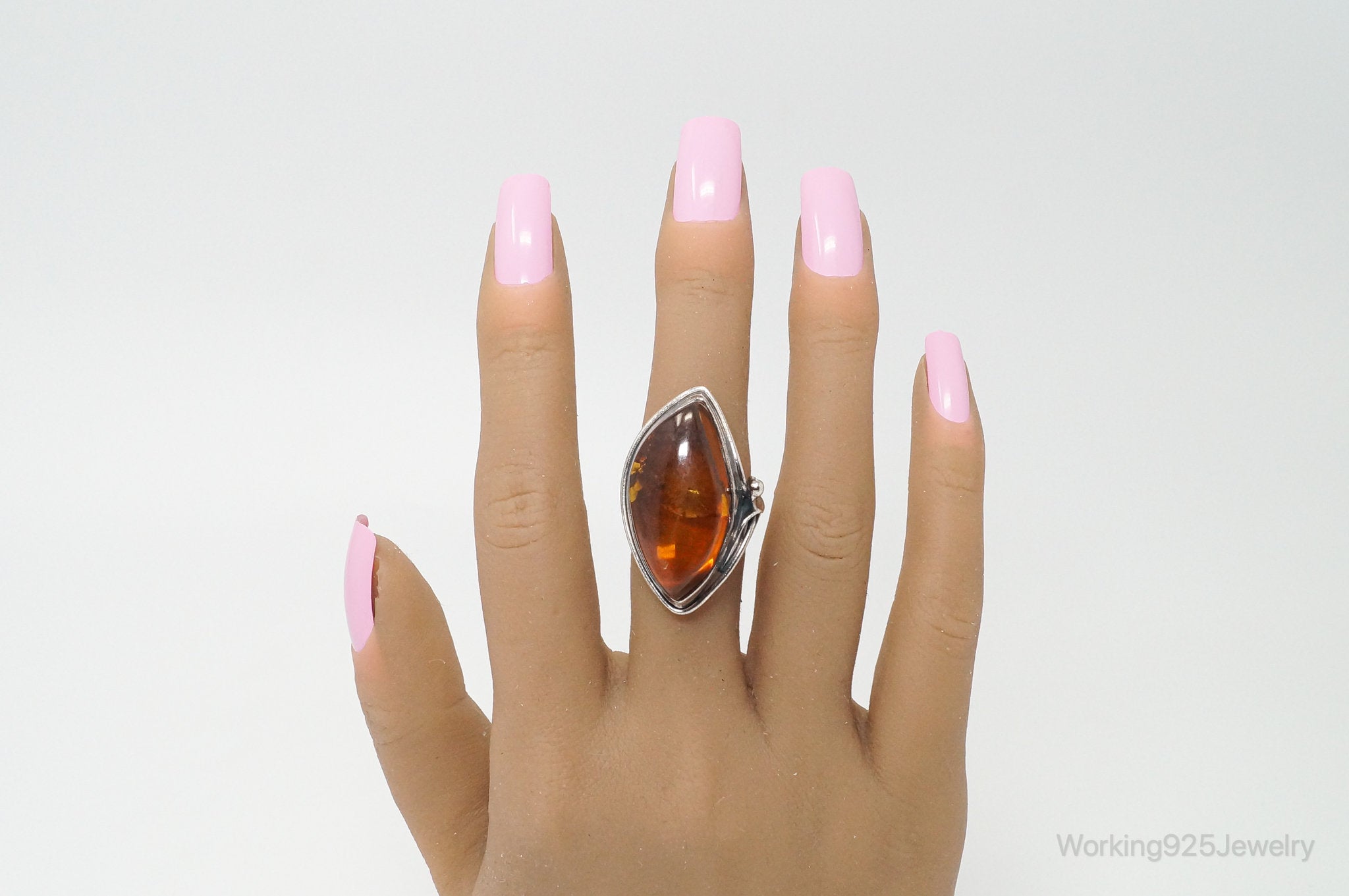 Vintage Large Honey Baltic Amber Sterling Silver Ring Size 6.75