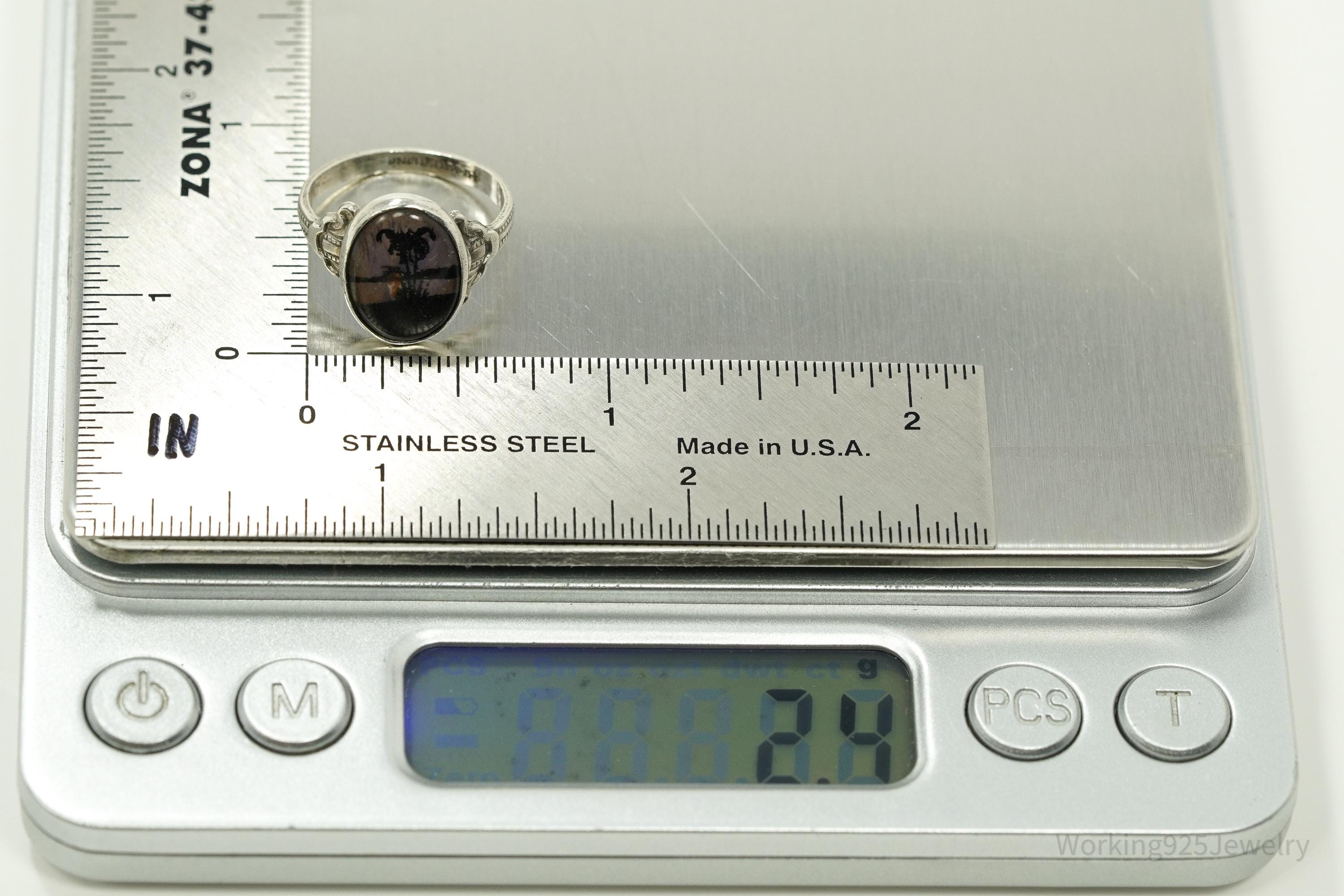 Antique Butterfly Wing Beach Scene Sterling Silver Ring - Size 6