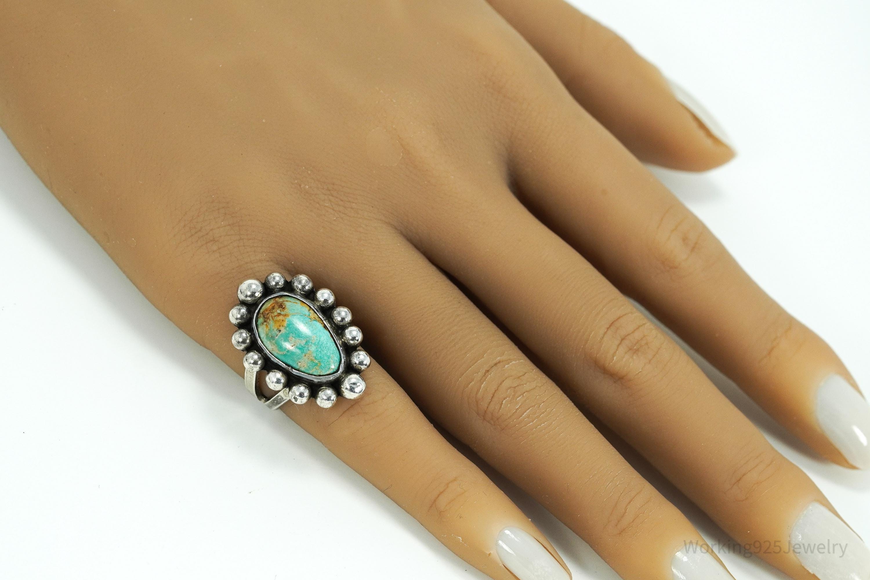 Vintage Handmade Native American Turquoise Silver Ring - Size 5.75