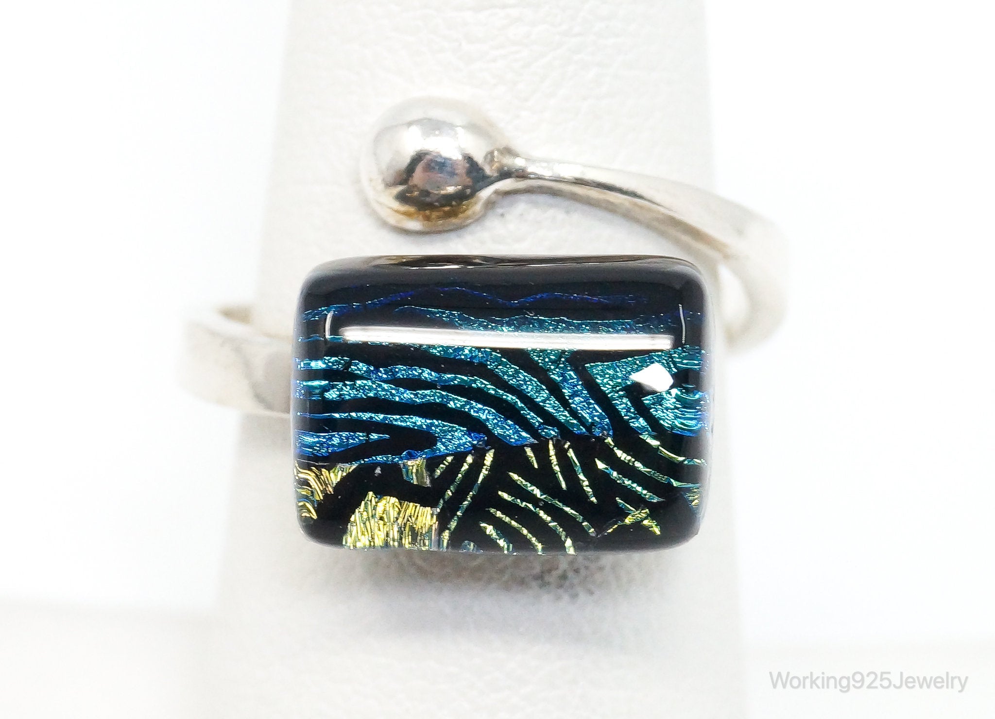 Vintage Dichroic Glass Sterling Silver Ring - Size 8.25 Adjustable