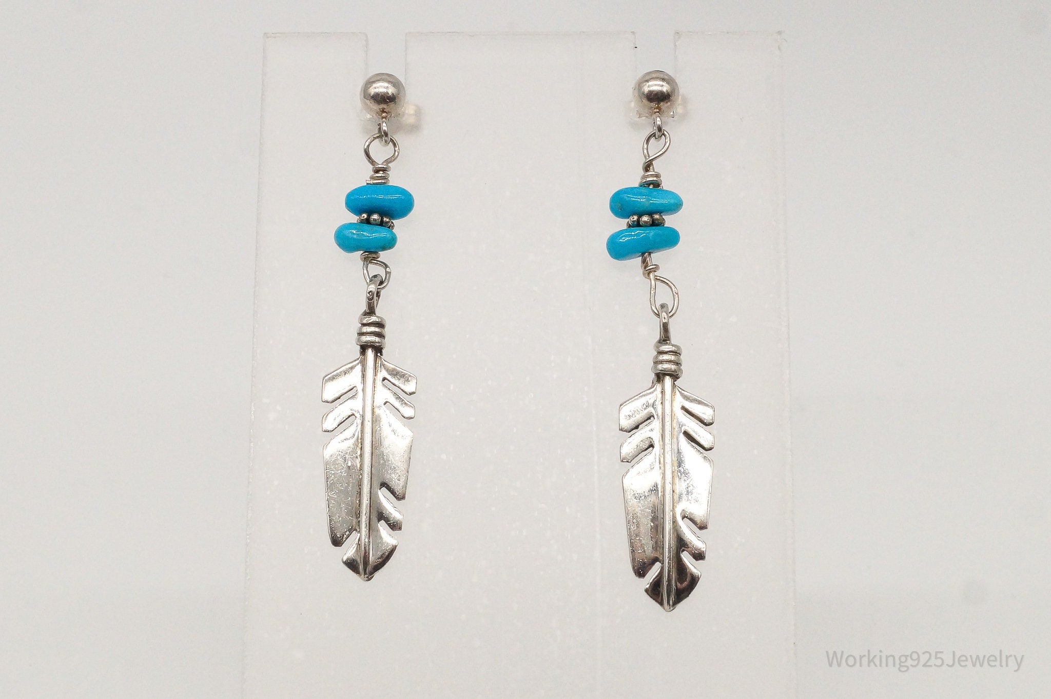 Vintage Native American Turquoise Feather Sterling Silver Earrings