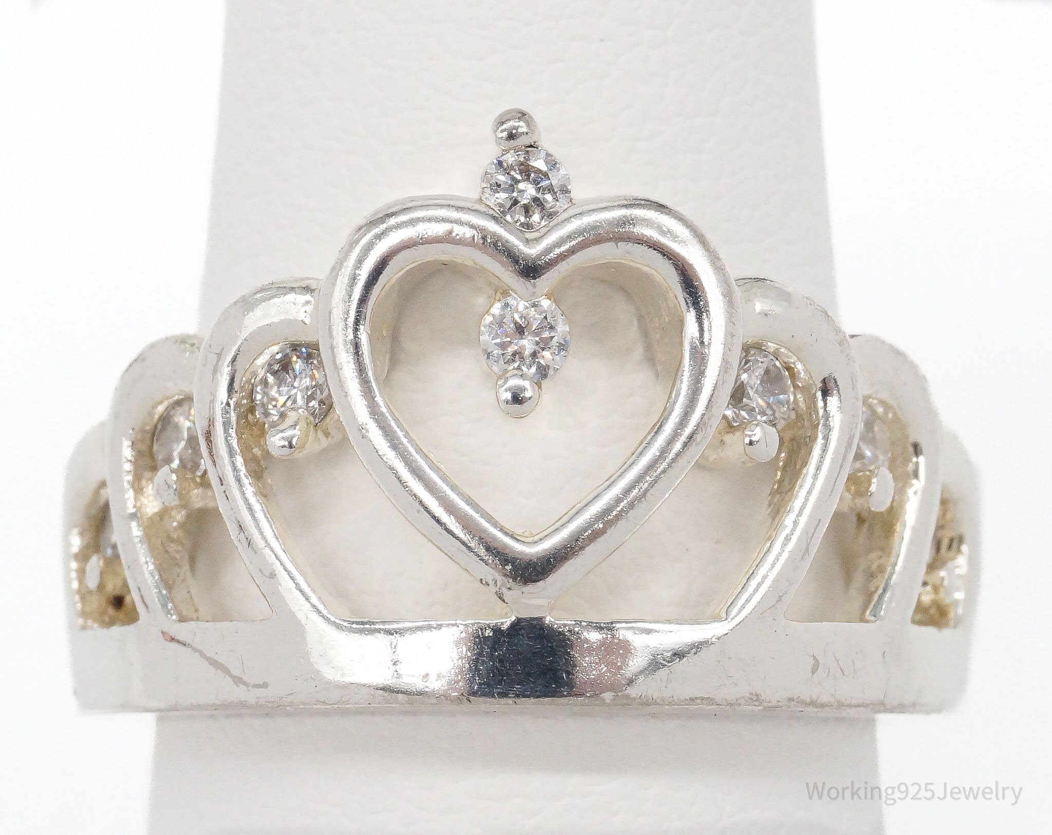 Vintage Cubic Zirconia Princess Tiara Crown Sterling Silver Ring - Size 7.75