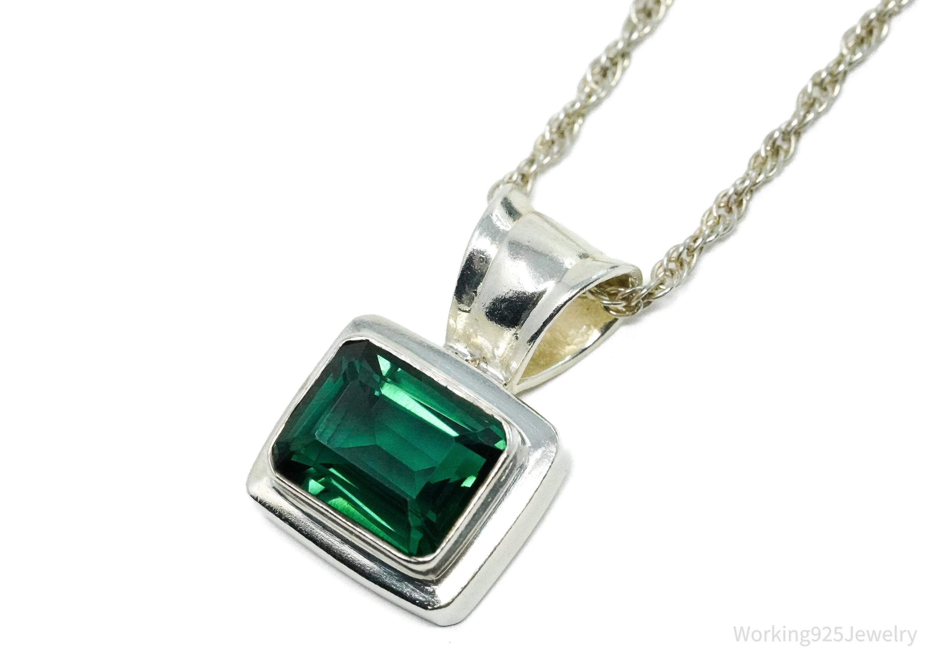 Vintage Lab Emerald Sterling Silver Necklace 18"