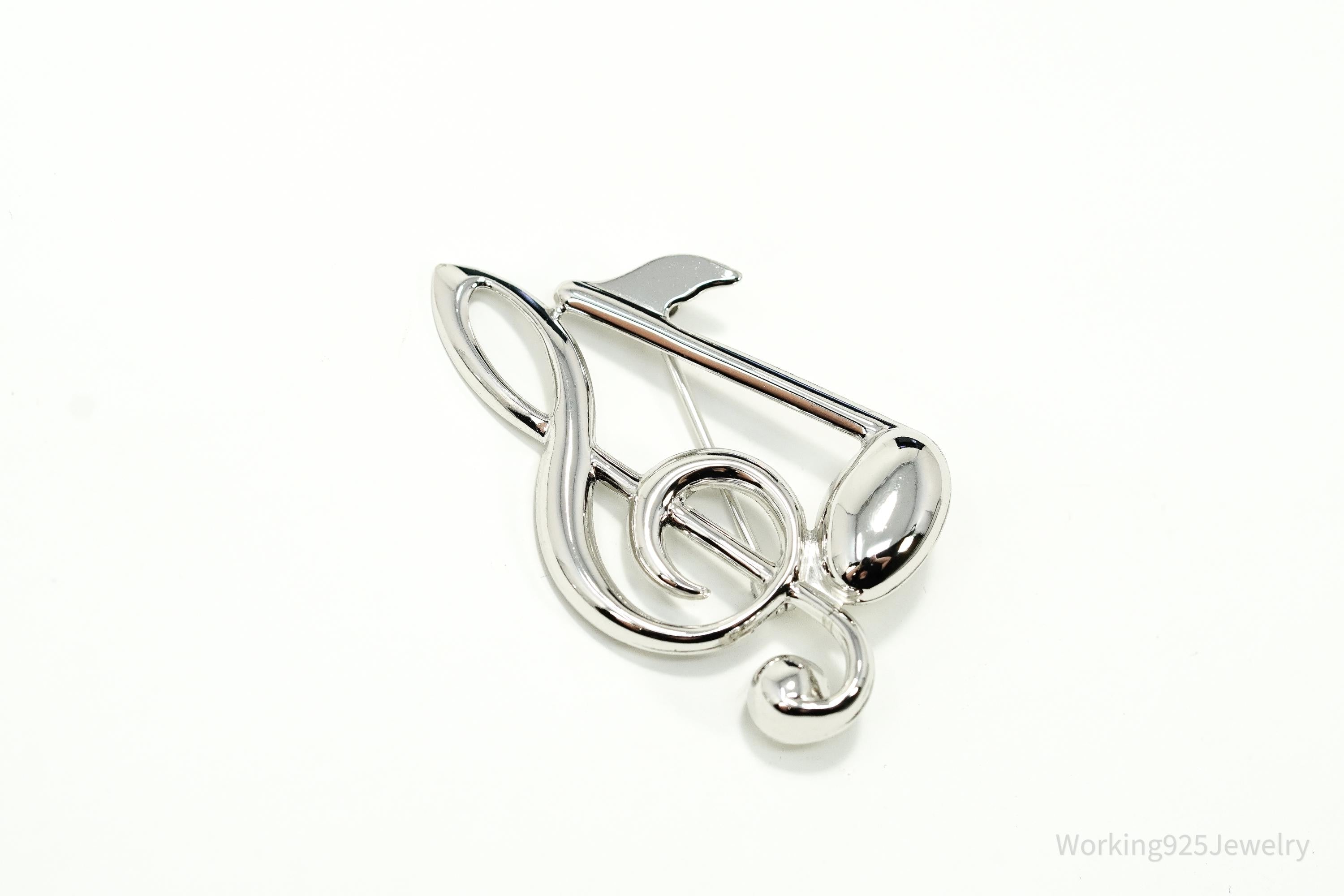 Vintage Puffy Music Notes Sterling Silver Brooch Pin