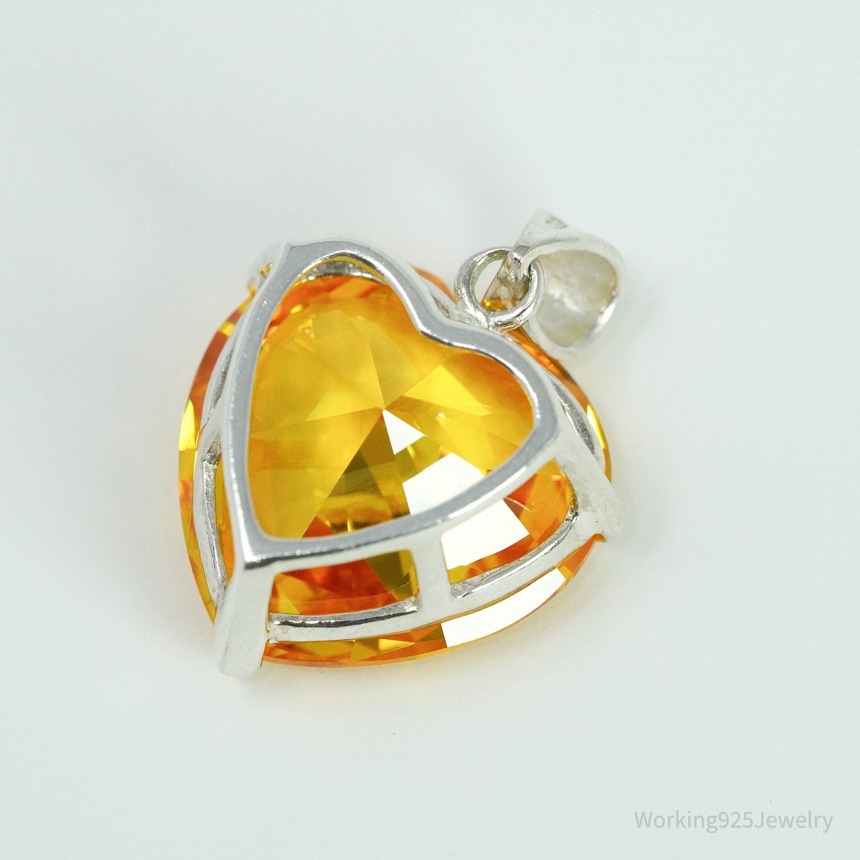 Vintage Large Citrine Heart Sterling Silver Necklace Pendant