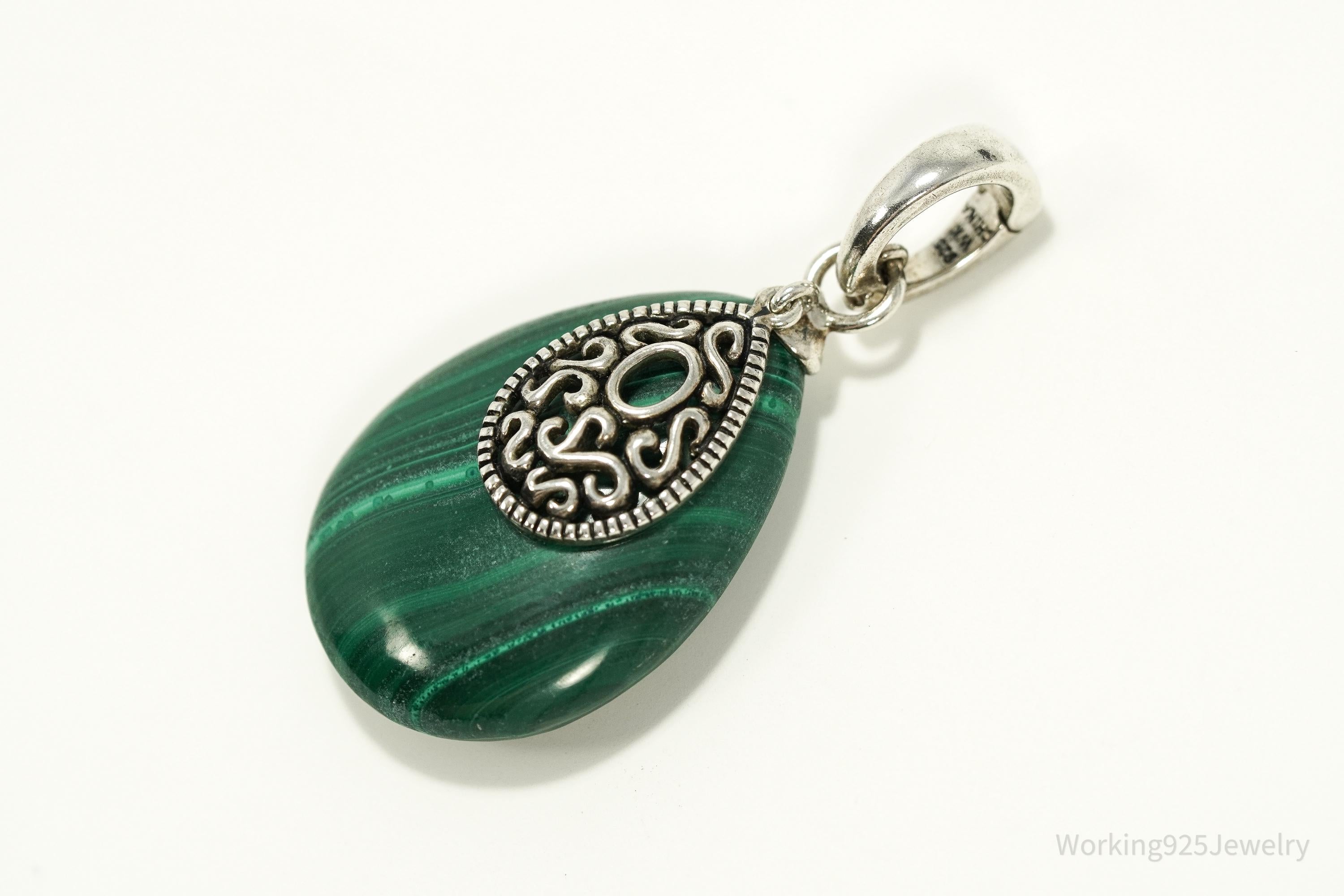Large Whitney Kelly Teardrop Malachite Pendant • Vintage Sterling Silver Jewelry
