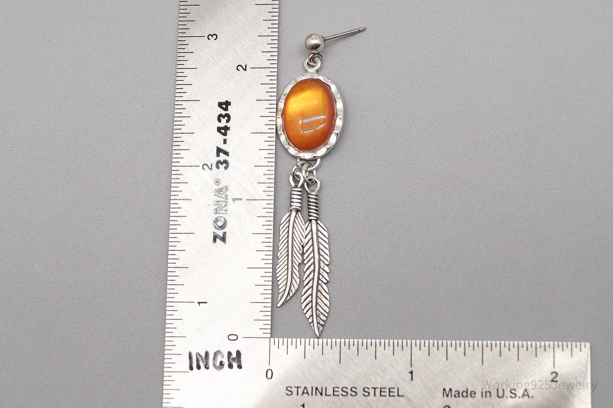 Vintage WMCO Orange Stone Feather Sterling Silver Earrings