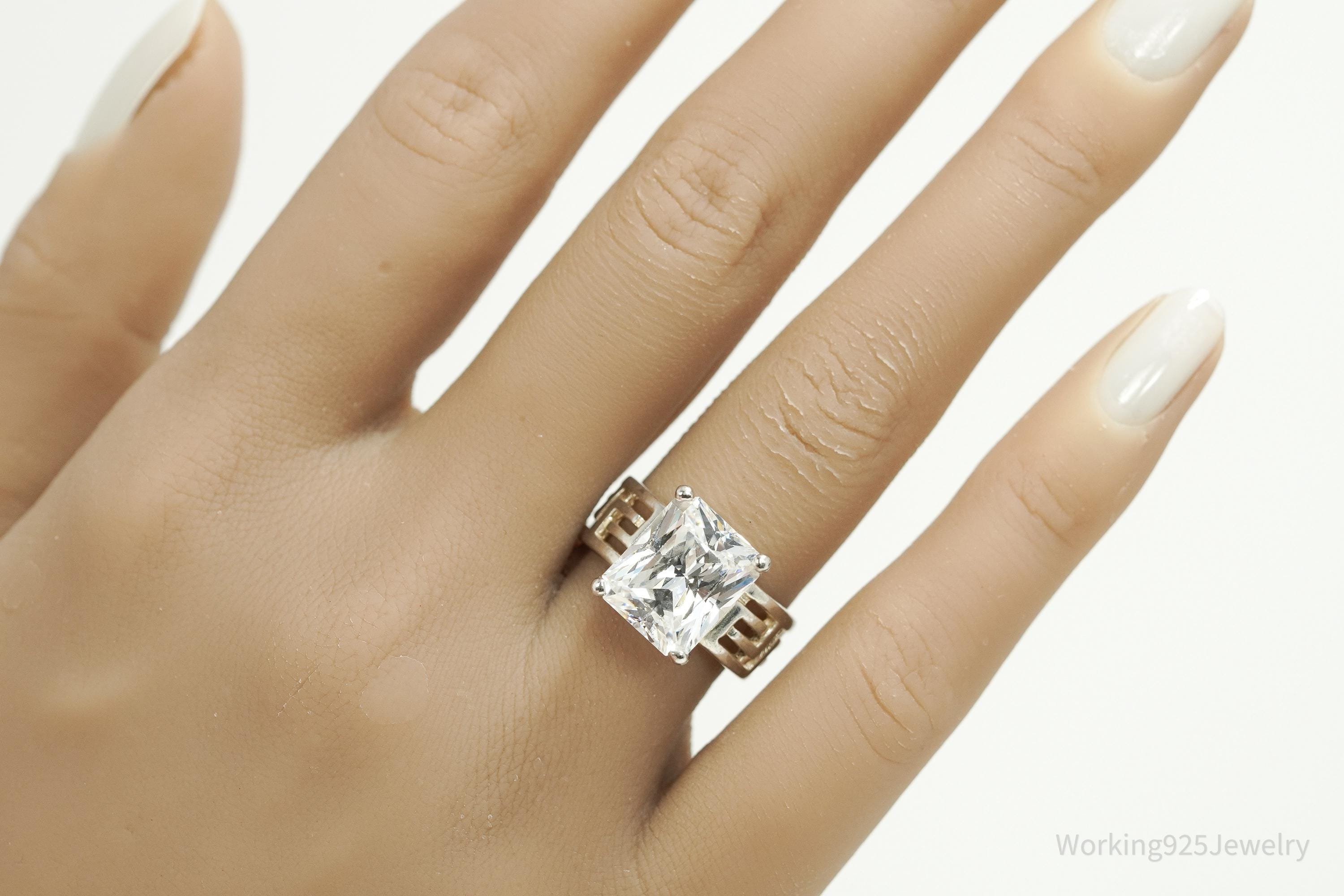 Vintage Large Diamonique Cubic Zirconia Sterling Silver Ring - Size 7.25