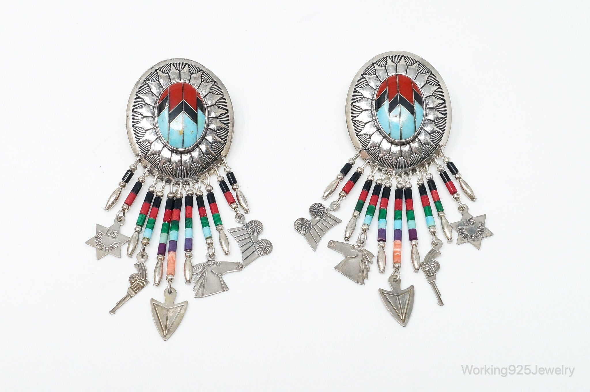 Vintage Native American Running Bear Shop Multi Gem Sterling Silver Earrings