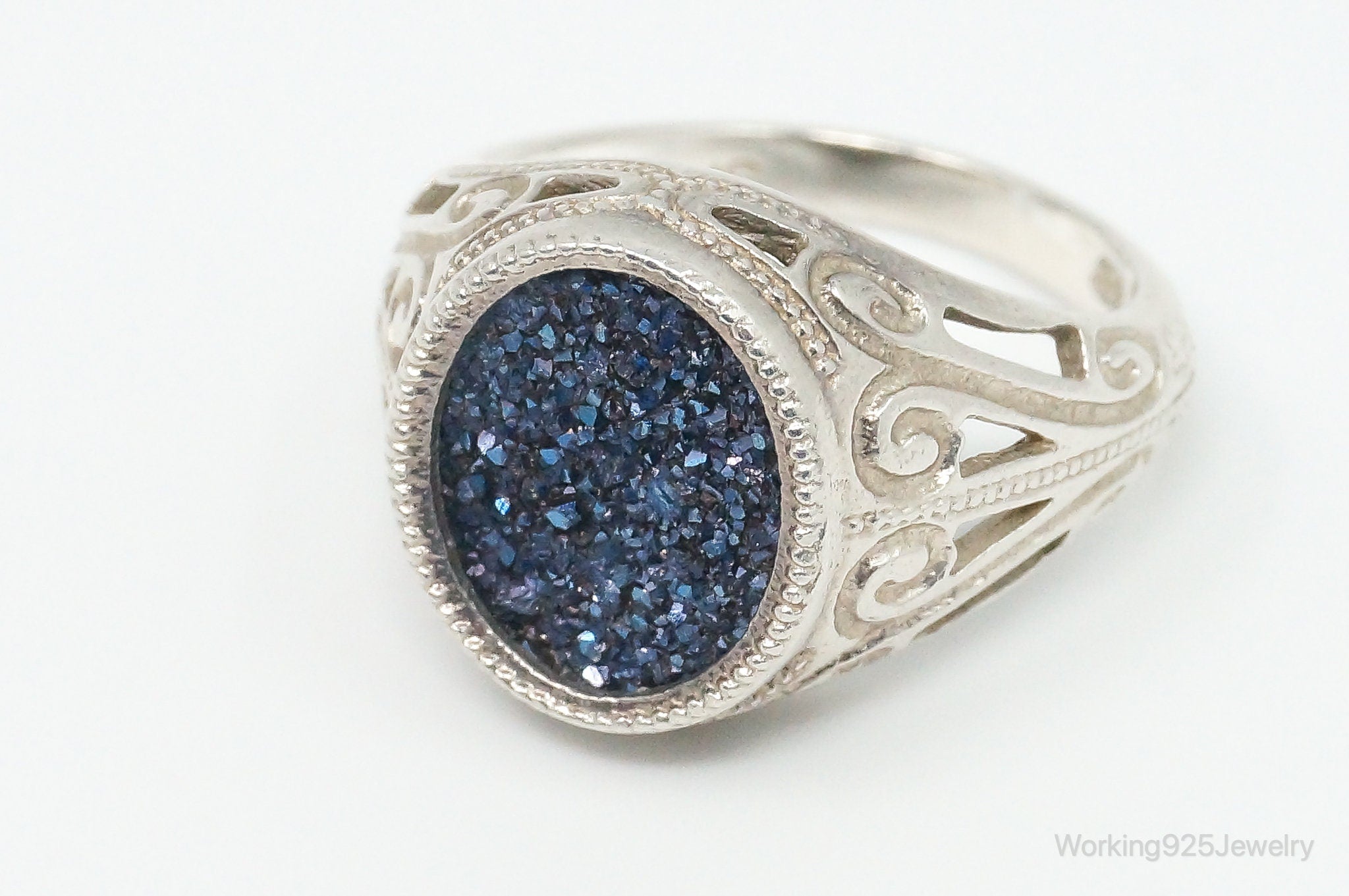 Vintage Titanium Blue Druzy Quartz Sterling Silver Ring - Size 6