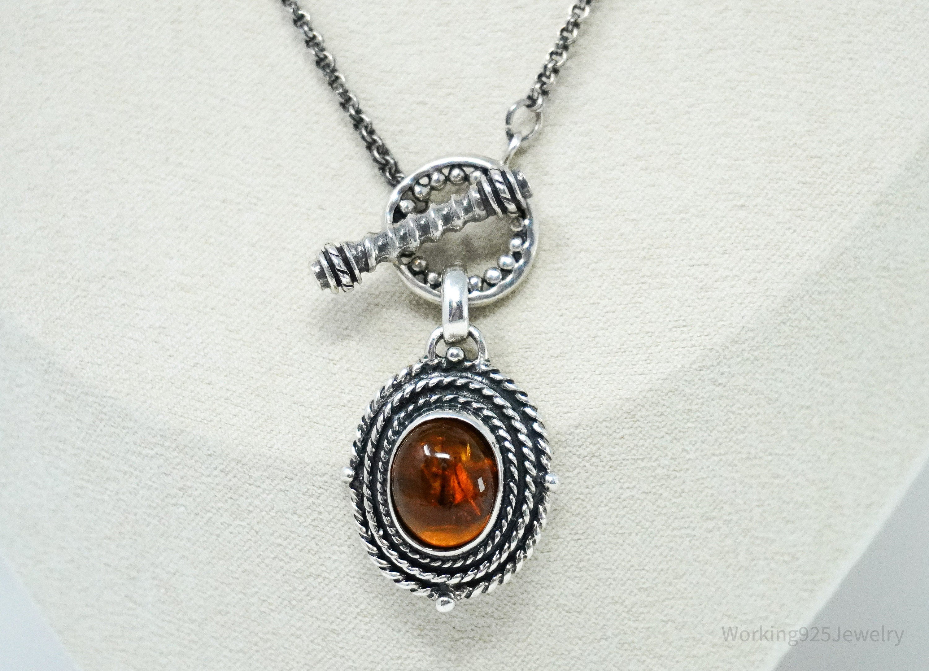 Vintage Amber Sterling Silver Toggle Necklace 18"